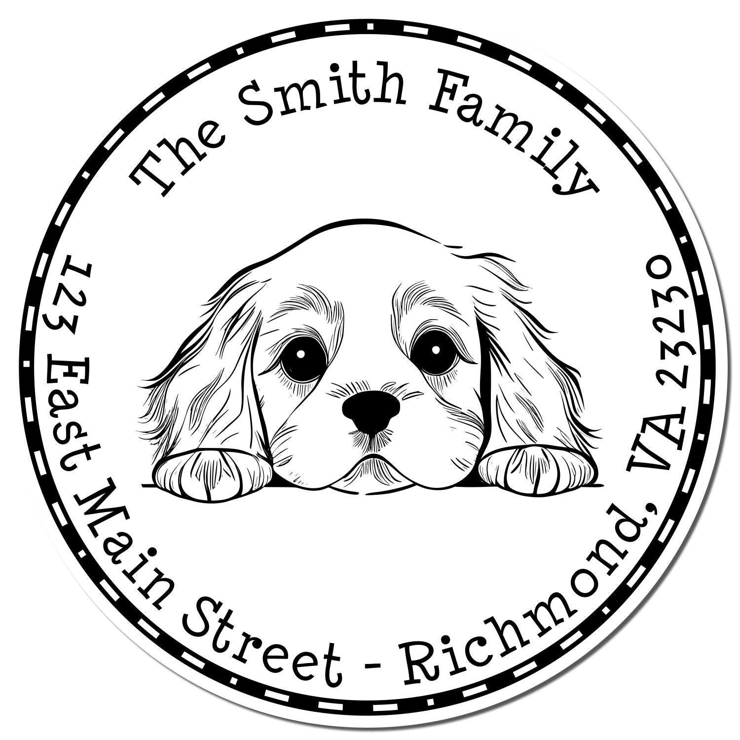 Black-and-white circular family stamp seal with a puppy illustration and text for The Smith Family, East Main Street, Richmond, VA.