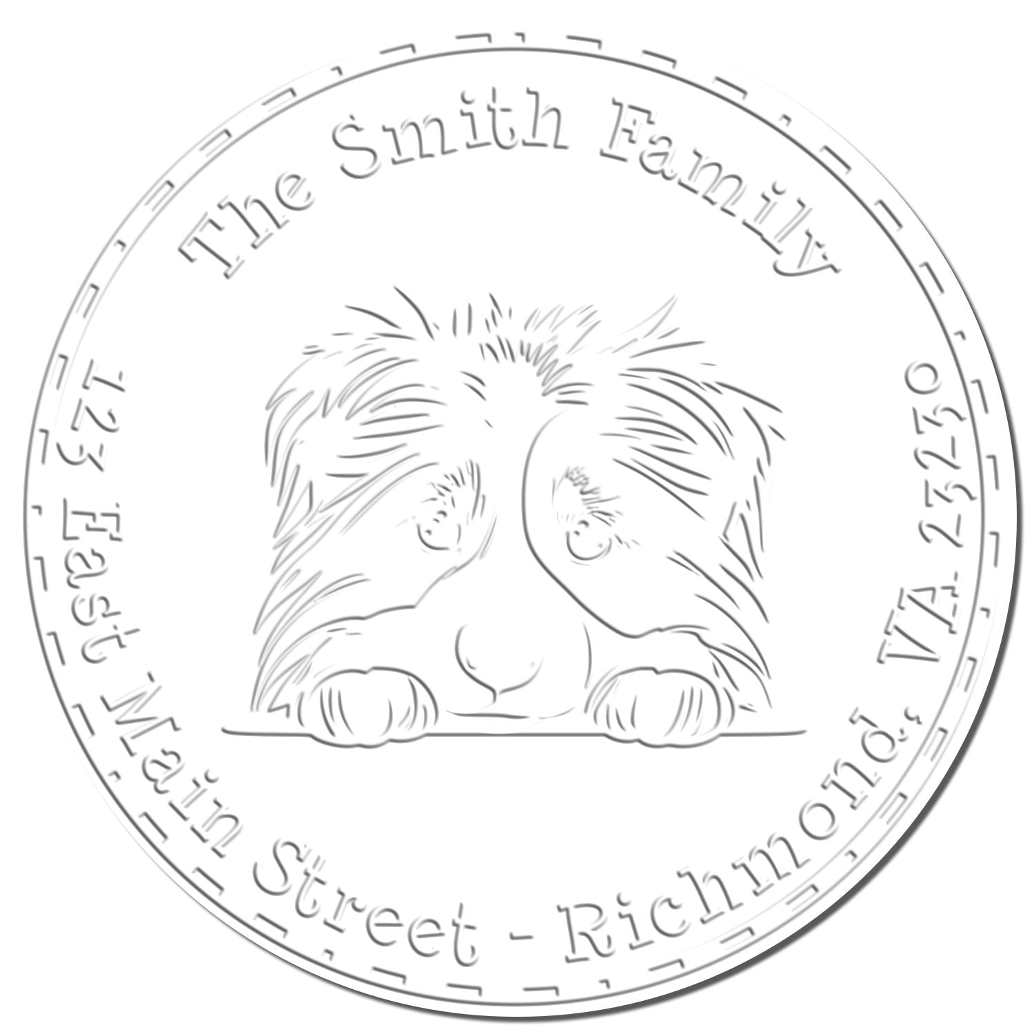 White circular family stamp seal with gray outline of a dog face and engraved The Smith Family around the edge.