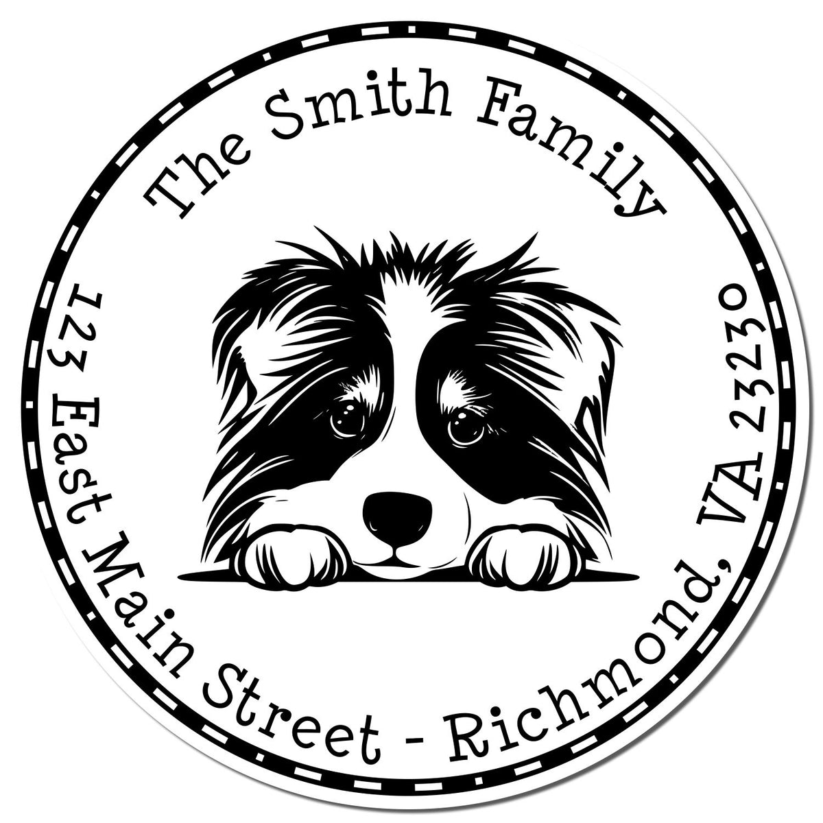 Black-and-white custom address stamp seal with dog face, circular text for The Smith Family, East Main Street, Richmond, VA 23230.