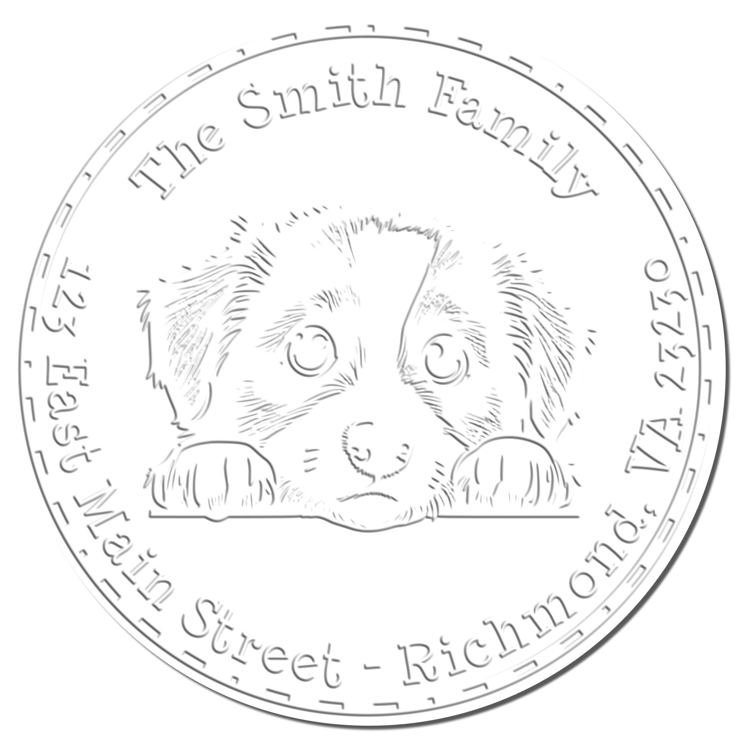White round custom stamp seal with gray dog illustration and The Smith Family text around the border.