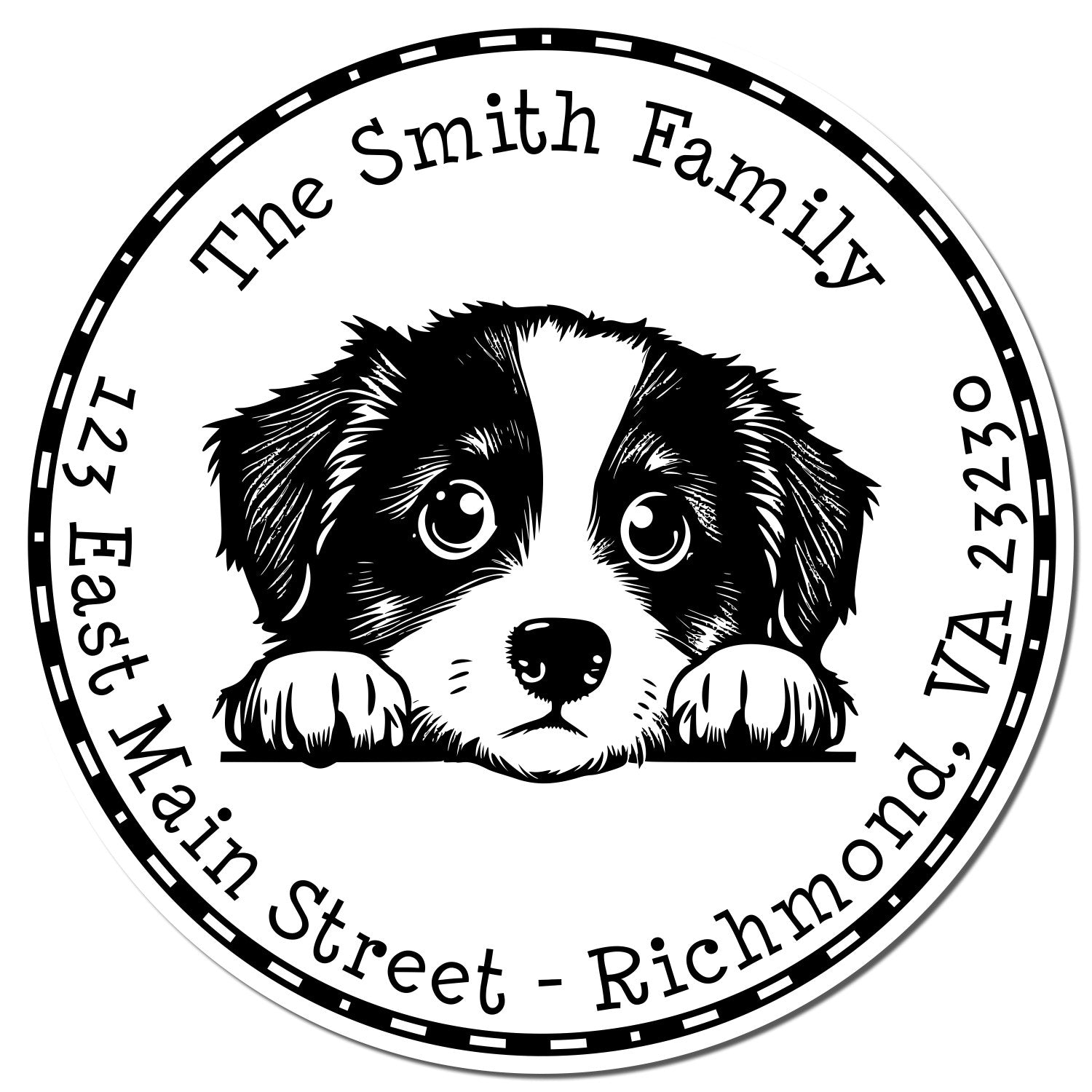 Round Miniature American Shepherd Custom Return Address Rubber Stamp