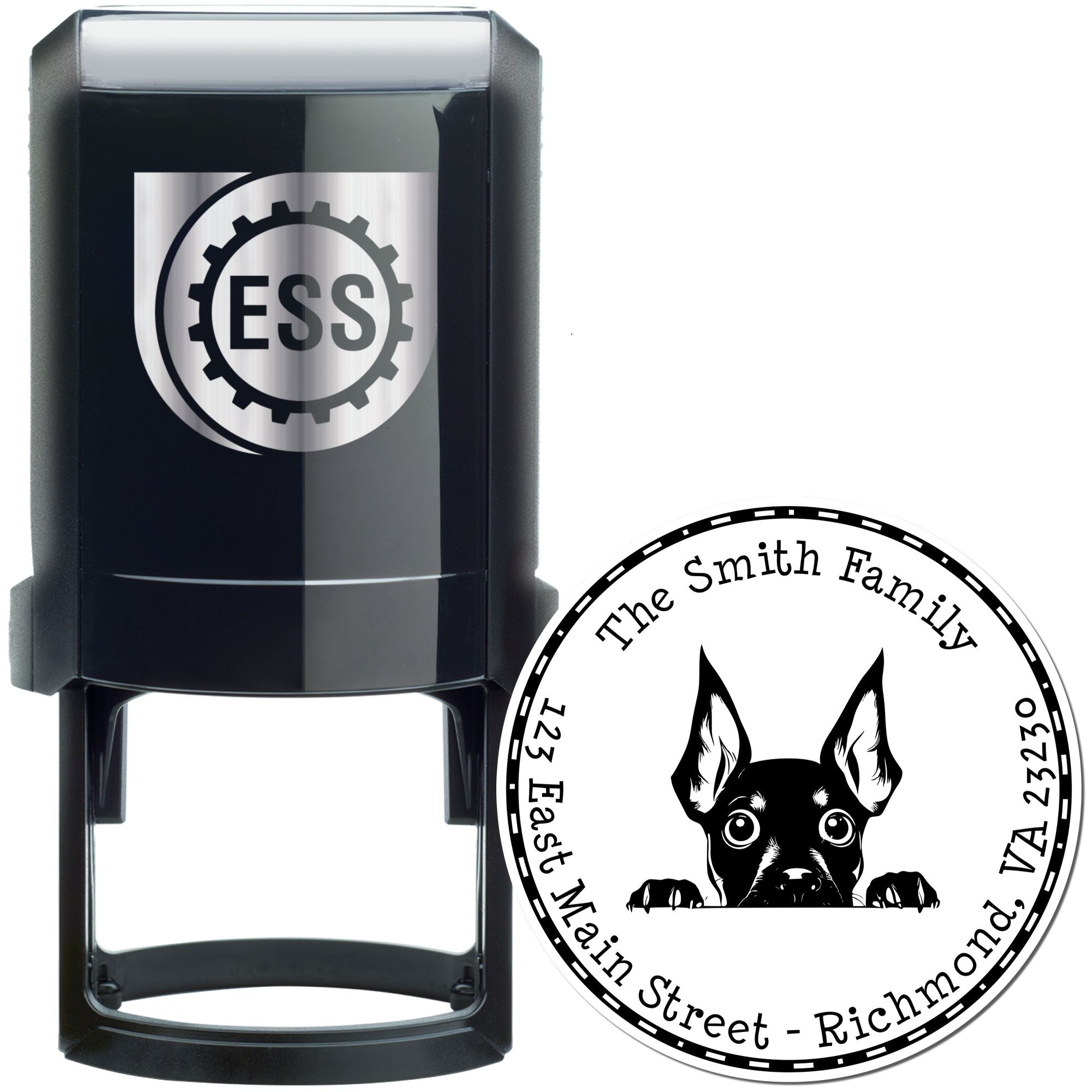 Round Self-Inking Miniature Pinscher Personalized Return Address Stamp - Engineer Seal Stamps