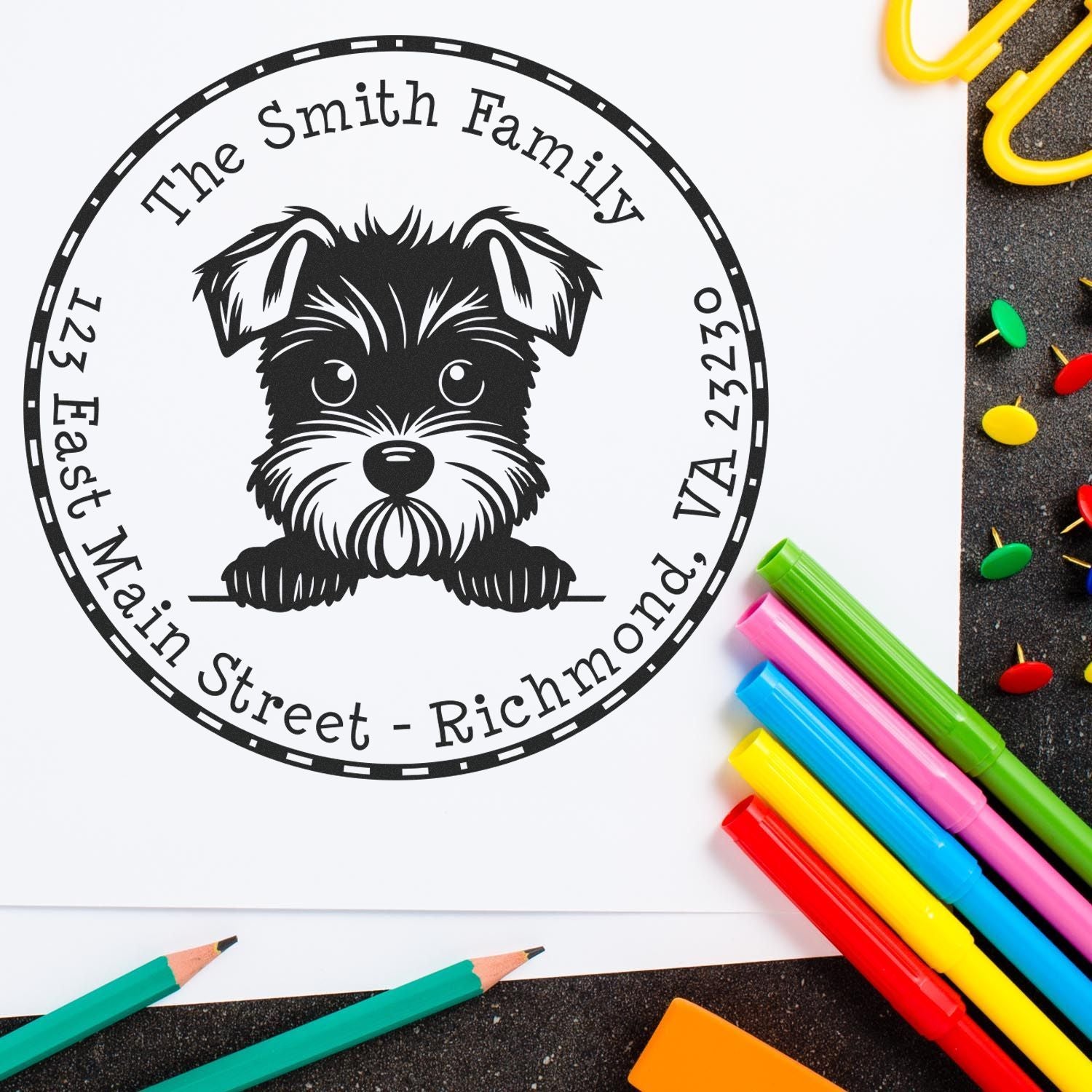 Round Self-Inking Miniature Schnauzer Personalized Name and Address Stamp