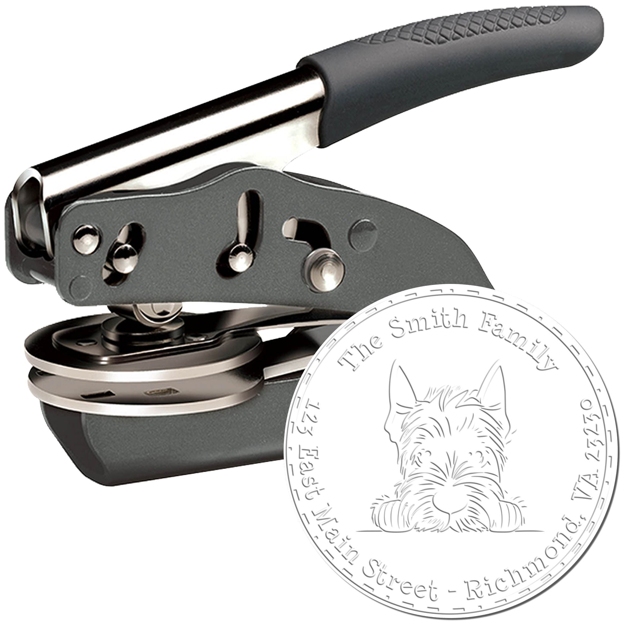 Black and gray handheld embossing seal press with round custom family seal featuring a dog outline.