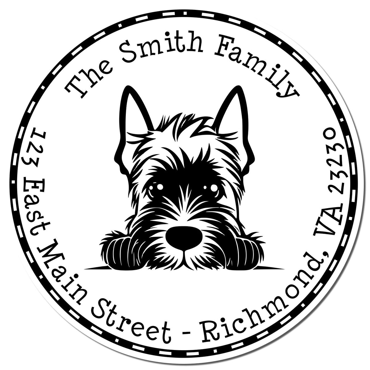 Black-and-white circular family stamp seal with schnauzer illustration, The Smith Family text, and VA address around the edge.