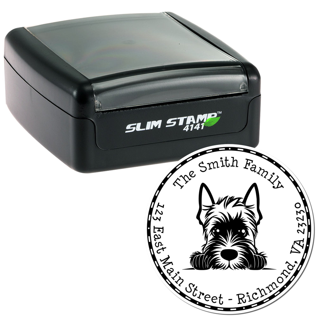 Black Slim Stamp 4141 self-inking stamp with circular white-and-black terrier family seal and custom address text