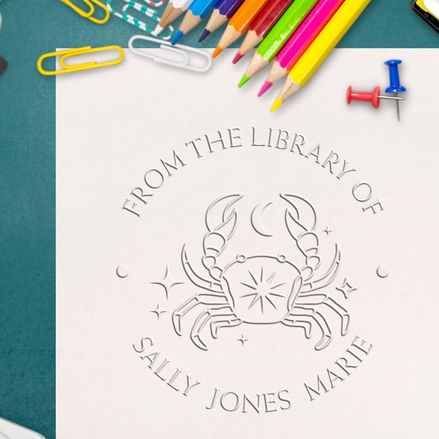 Desk Cancer Crab with Sun, Moon, Stars Custom Bookplate Paper Embosser - Engineer Seal Stamps