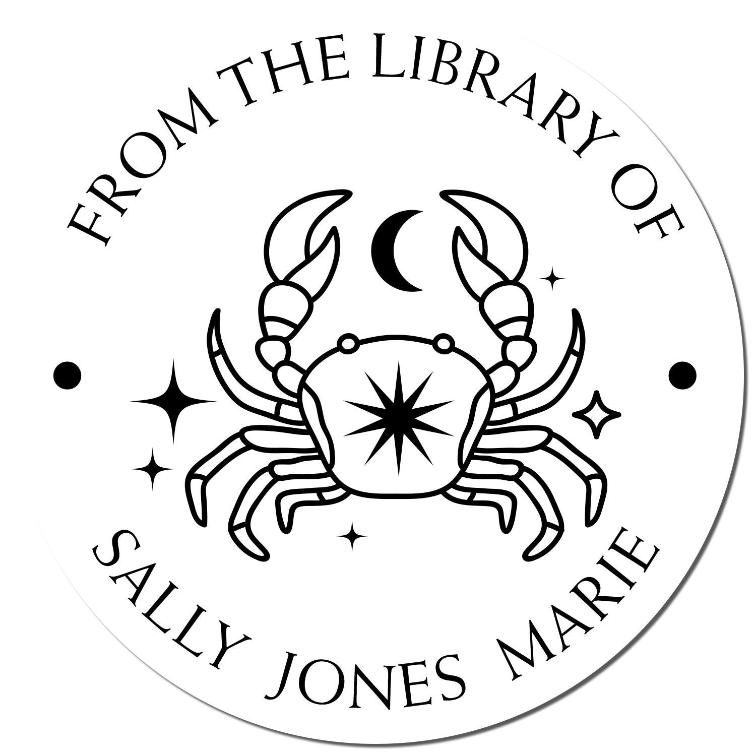 Wood Handle Cancer Crab with Sun, Moon, Stars Custom Made Book Ownership Stamp - Engineer Seal Stamps
