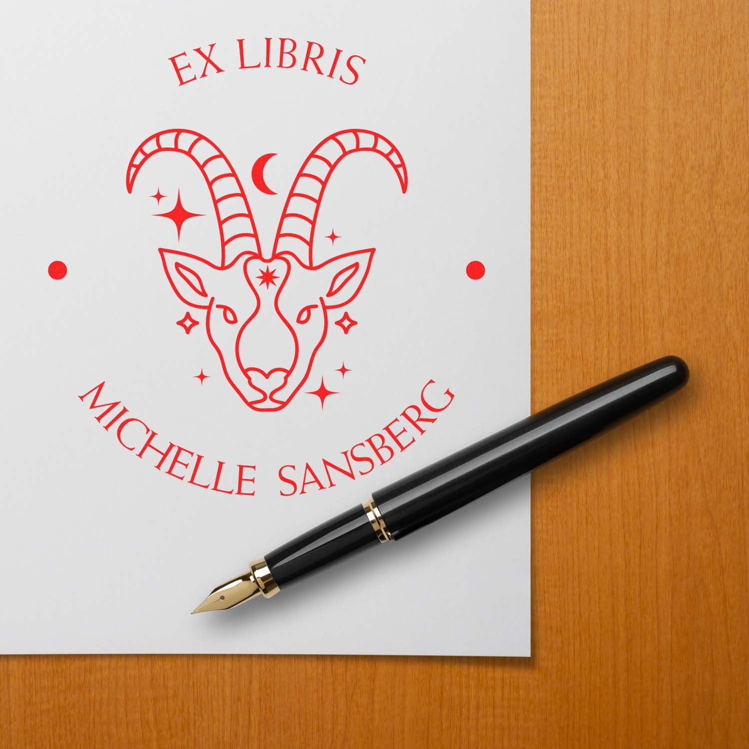 Wood Handle Capricorn Sea Goat Custom Made Book Ownership Stamper - Engineer Seal Stamps