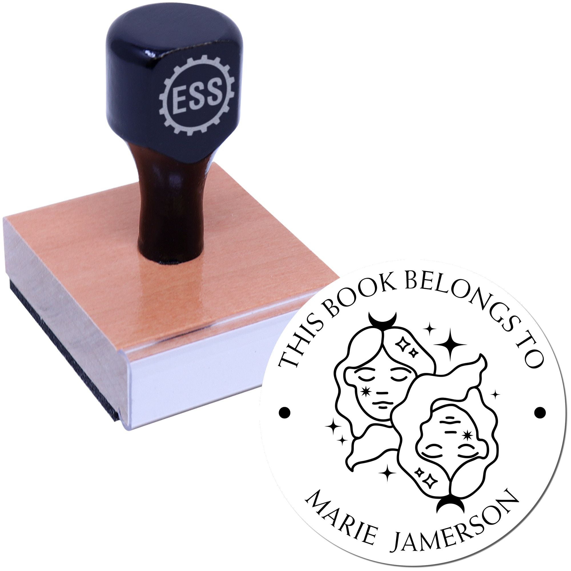 Wood Handle Gemini Twins with Stars Custom Made Book Ownership Label Stamp - Engineer Seal Stamps