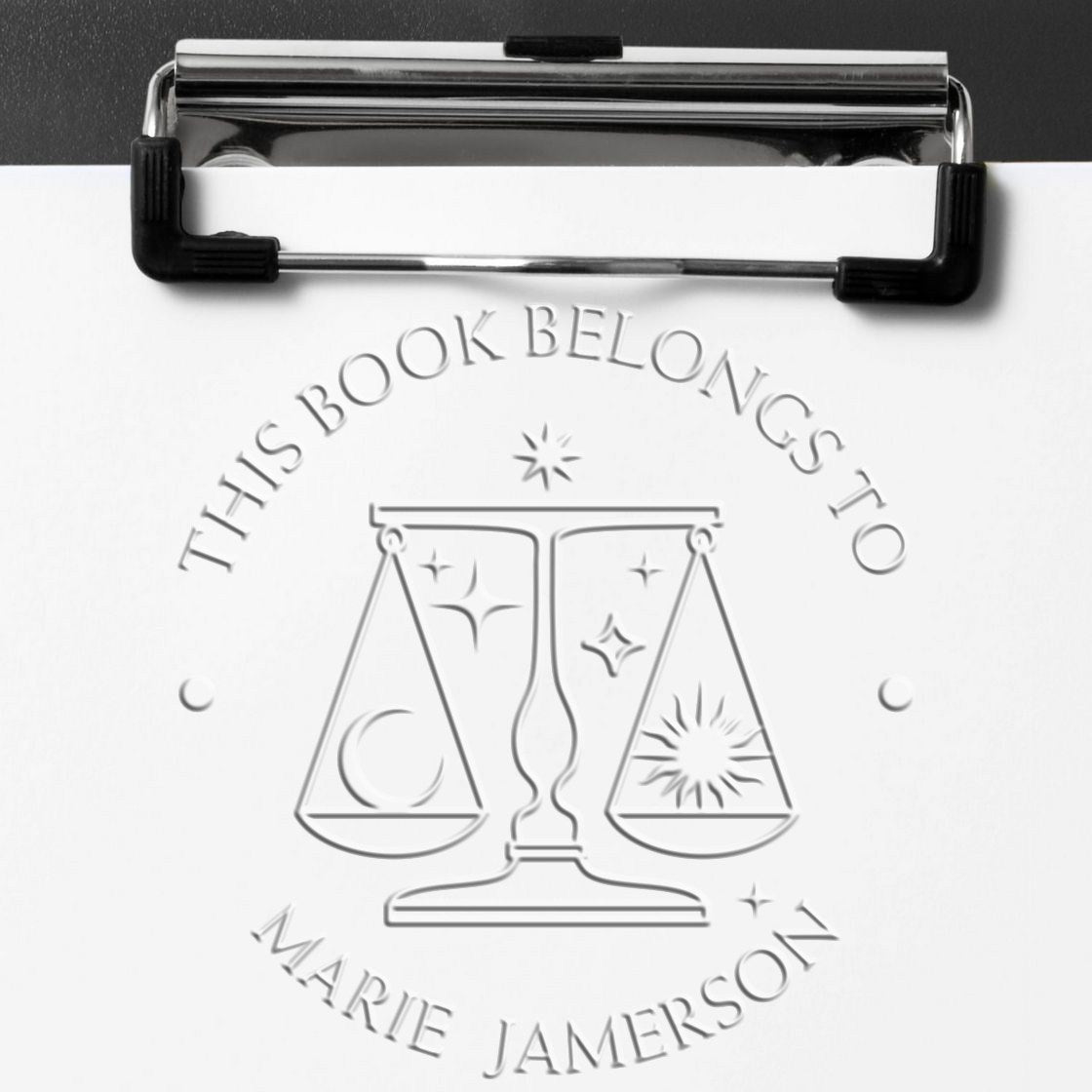 Soft Libra Scales with Sun & Moon Custom Bibliophile Embossed Stamp - Engineer Seal Stamps