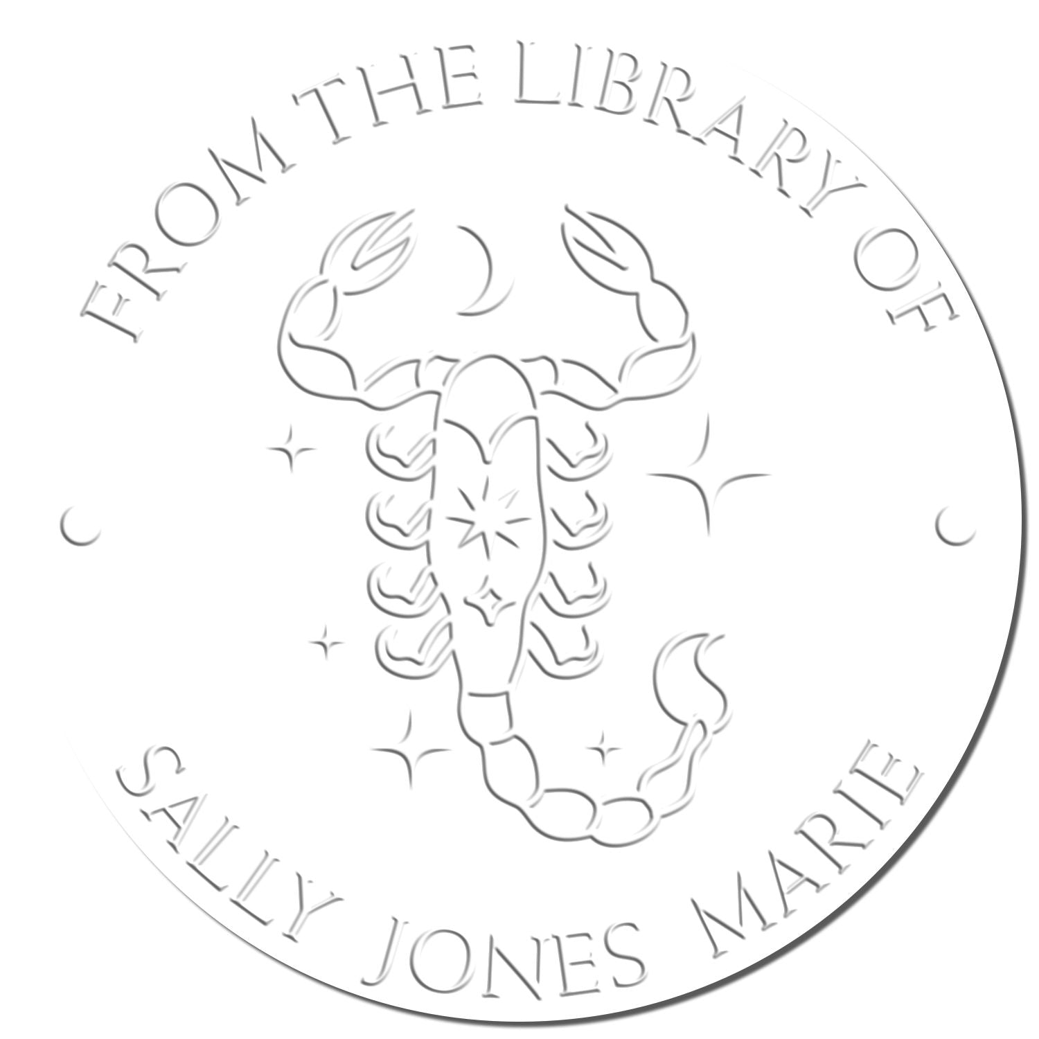 Soft Scorpio with Sun, Moon, Stars Custom Bibliophile Embossing Stamp