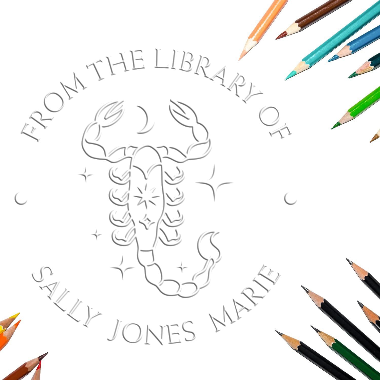 Soft Scorpio with Sun, Moon, Stars Custom Bibliophile Embossing Stamp