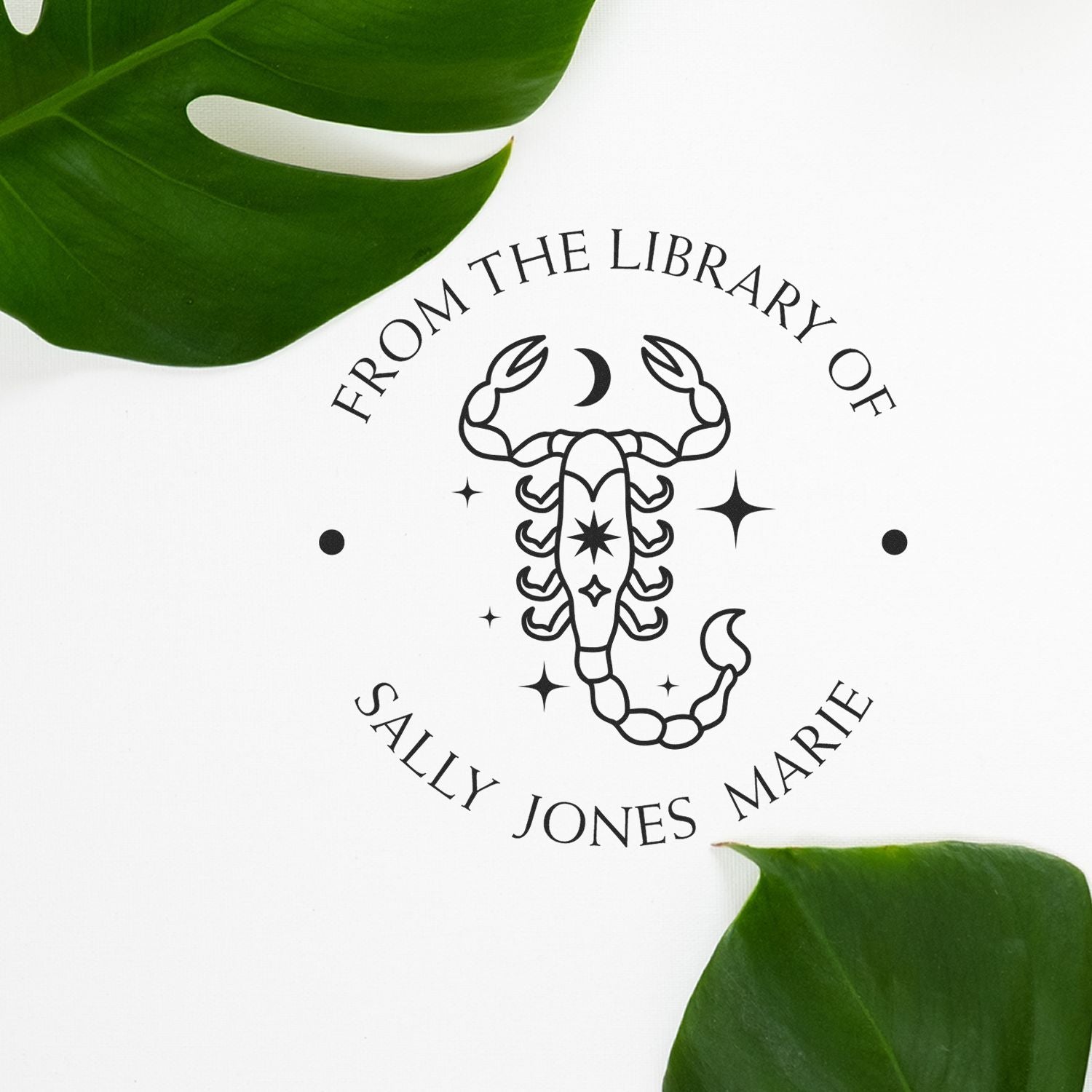 Wood Handle Scorpio with Sun, Moon, Stars Custom Made Bookplate Stamper