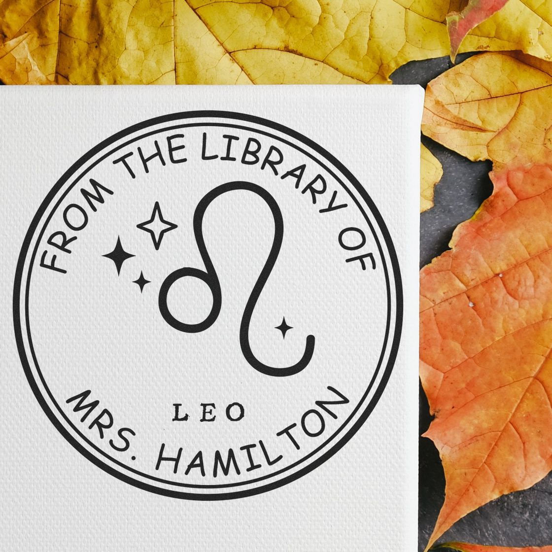 Wood Handle Leo Library with Stars Customized Book Ownership Stamp - Engineer Seal Stamps