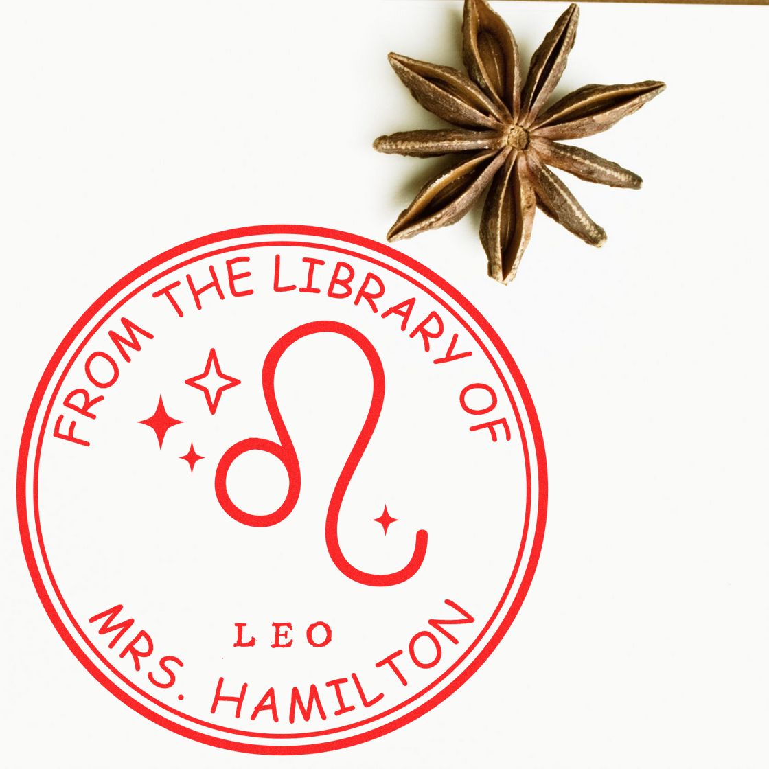 Wood Handle Leo Library with Stars Customized Book Ownership Stamp - Engineer Seal Stamps
