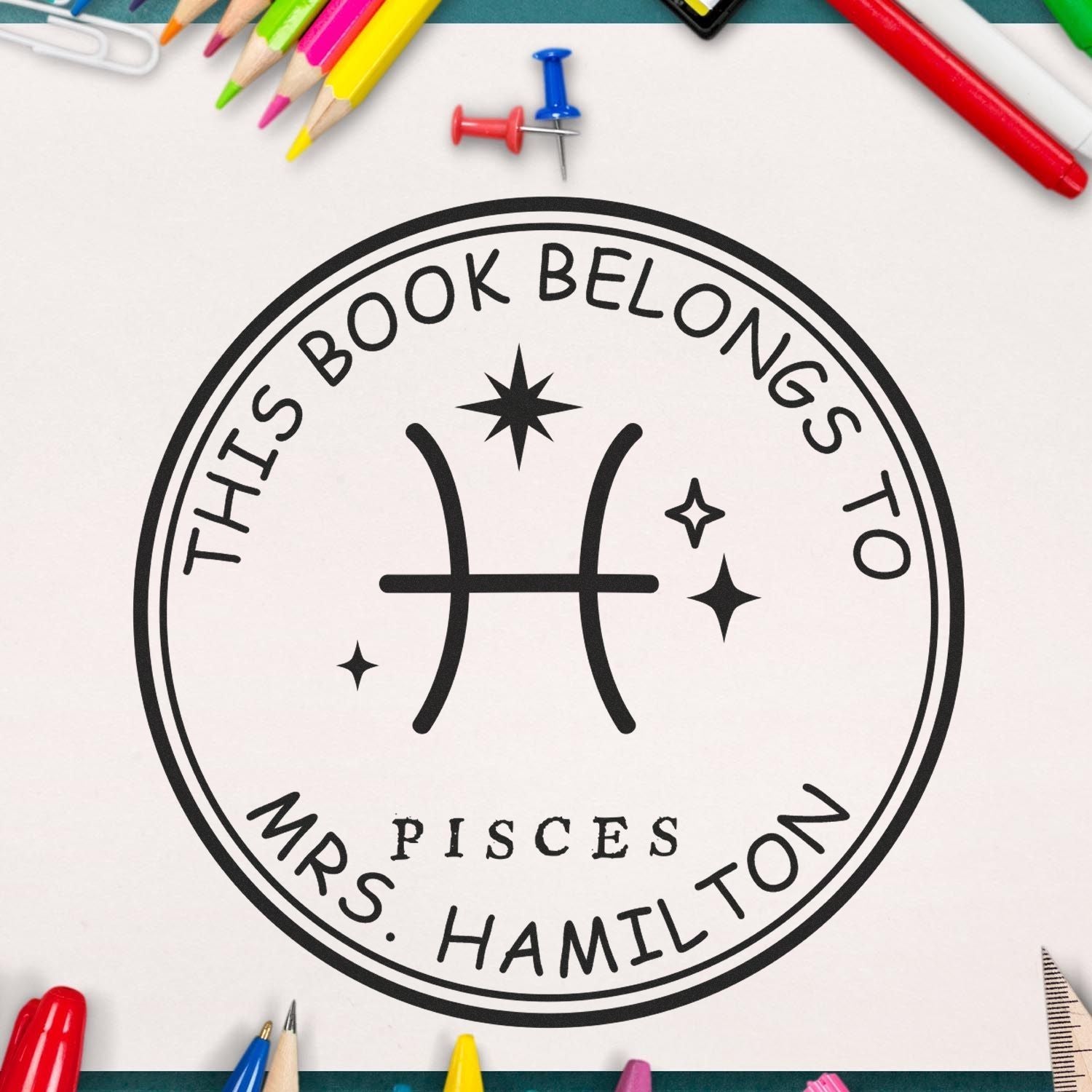 PSI Pre-Inked Pisces Library with Stars Custom Book Property Stamp - Engineer Seal Stamps