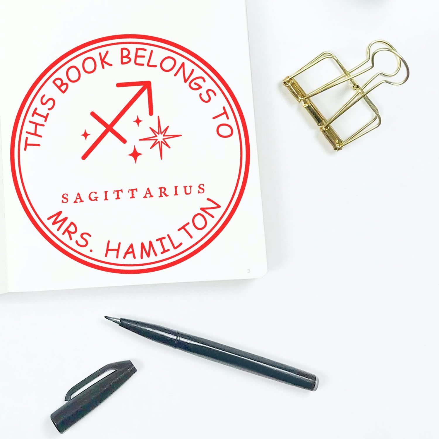 Wood Handle Sagittarius Library with Stars Customized Book Ownership Label Stamper - Engineer Seal Stamps