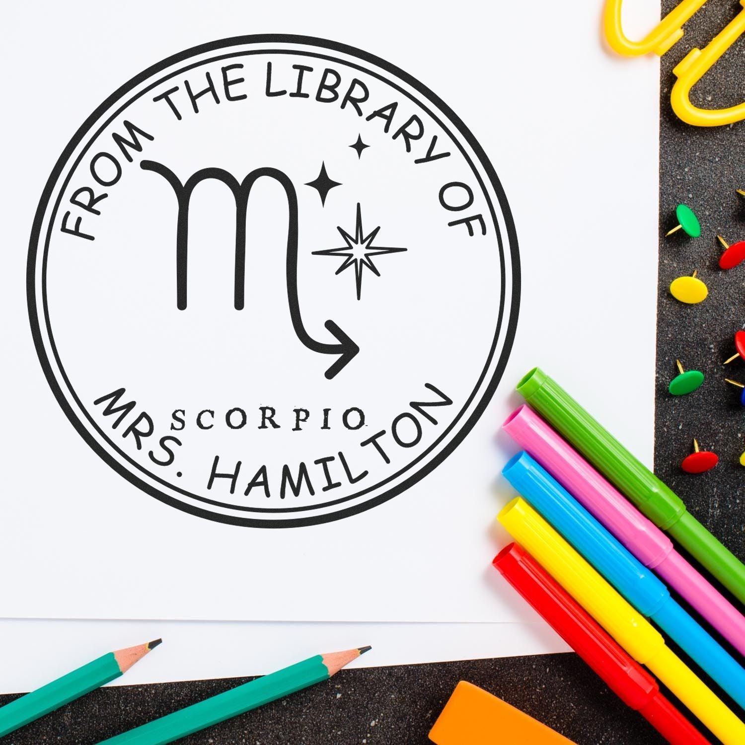PSI Pre-Inked Scorpio Library with Stars Custom Bookplate Stamp - Engineer Seal Stamps