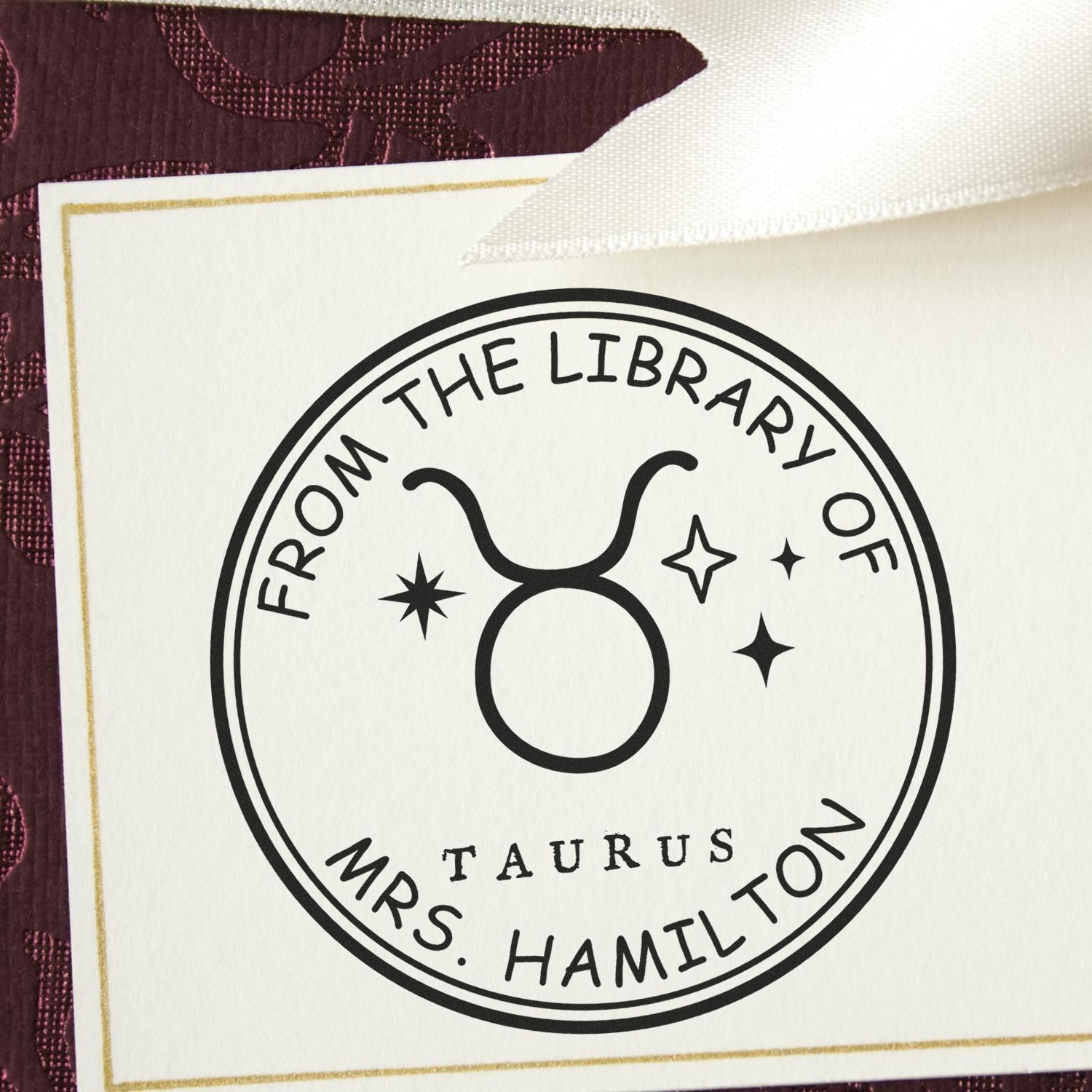Wood Handle Taurus Library with Stars Customized Book Property Stamper