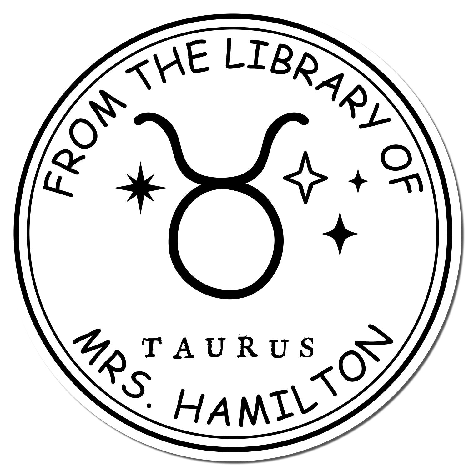Wood Handle Taurus Library with Stars Customized Book Property Stamper