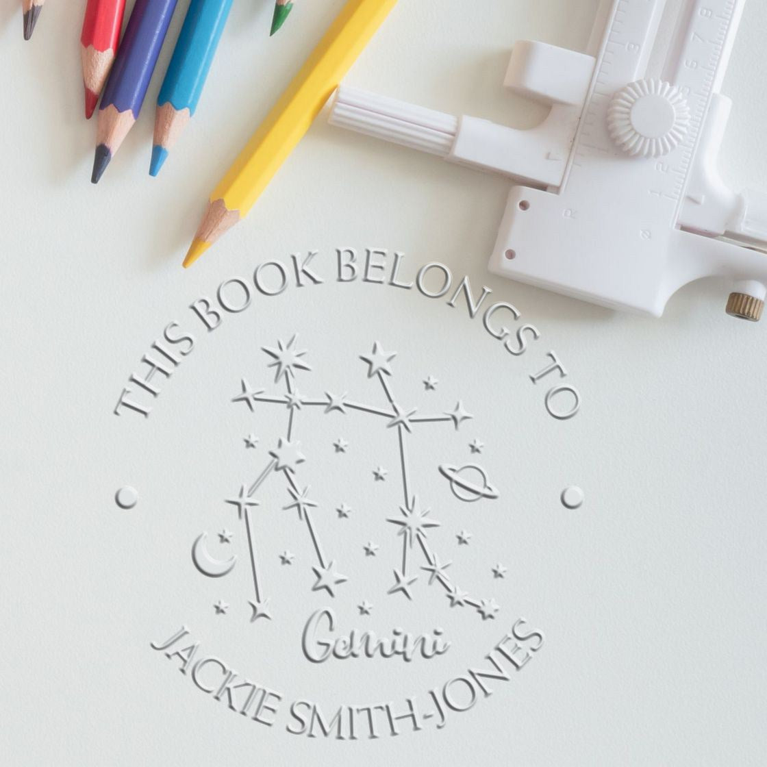 Soft Gemini Constellation with Planet, Moon and Stars Custom Book Paper Embosser
