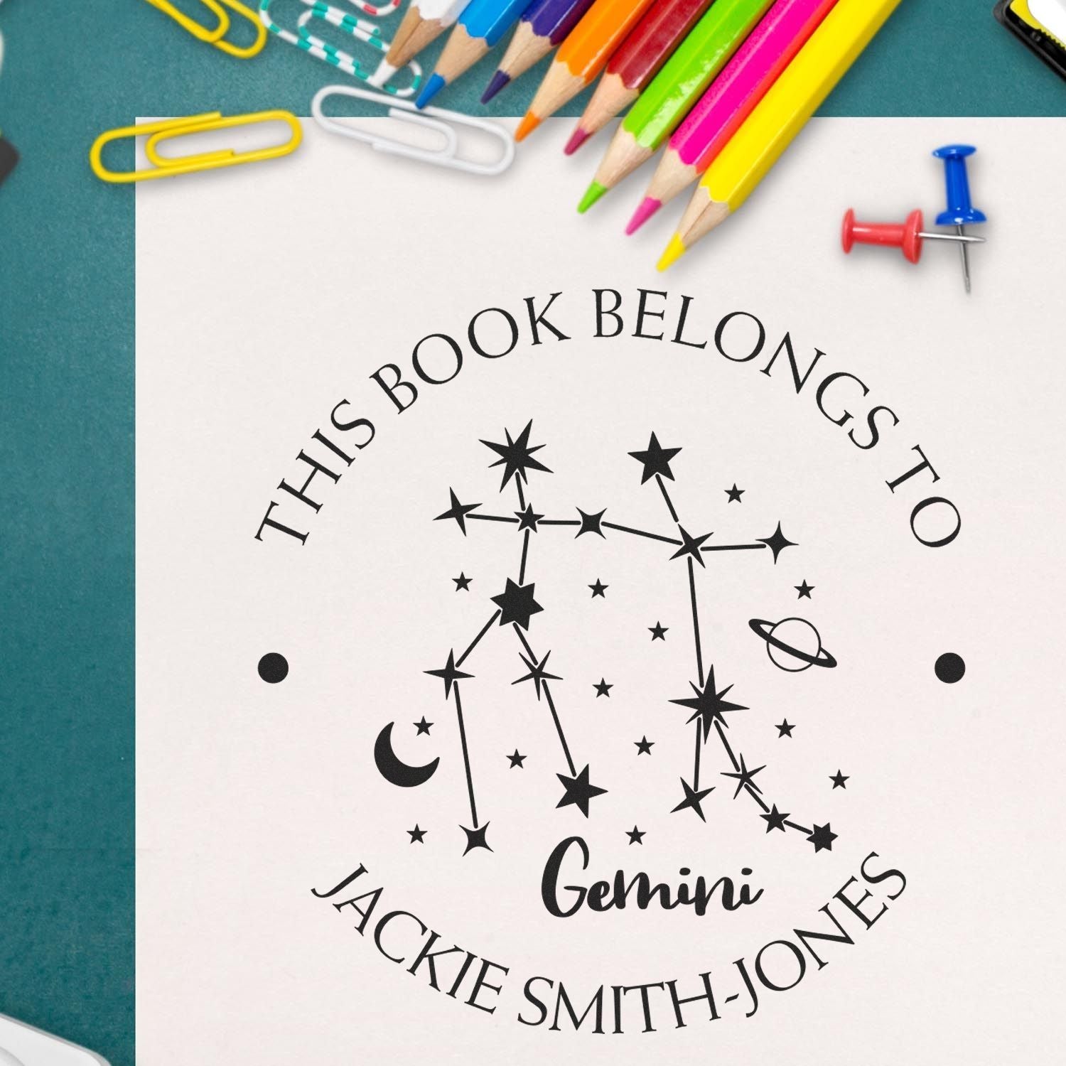 Wood Handle Gemini Constellation with Planet, Moon and Stars Custom Made Library Collection Stamp - Engineer Seal Stamps