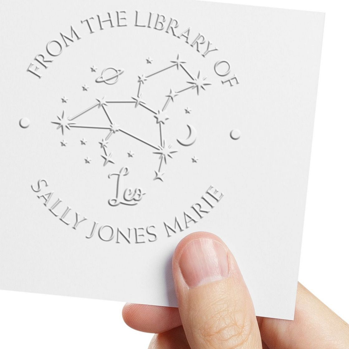 Hybrid Leo Constellation with Planet, Moon and Stars Custom Book Ownership Label Embossed Stamp - Engineer Seal Stamps