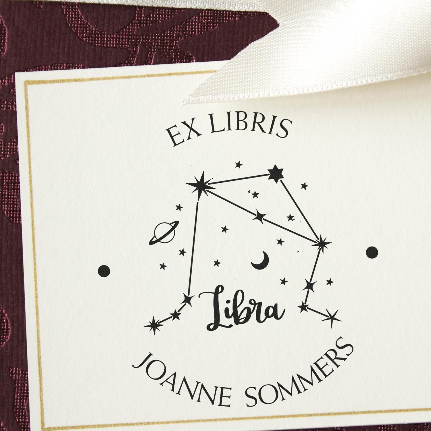 Wood Handle Libra Constellation with Planet, Moon and Stars Custom Made Library Name Stamp - Engineer Seal Stamps