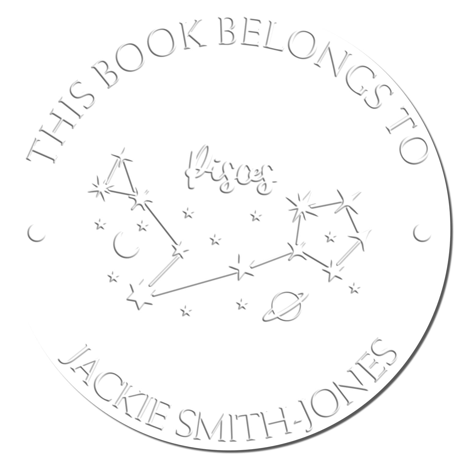 Soft Pisces Constellation with Planet, Moon and Stars Custom Book Belongs to Embosser - Engineer Seal Stamps