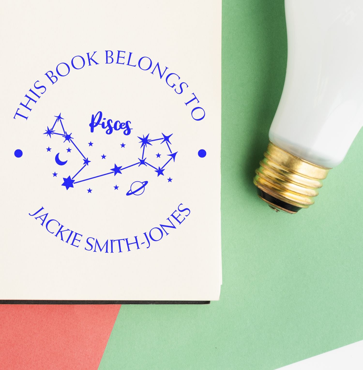 Self-Inking Pisces Constellation with Planet, Moon and Stars Personalized Book Stamp - Engineer Seal Stamps