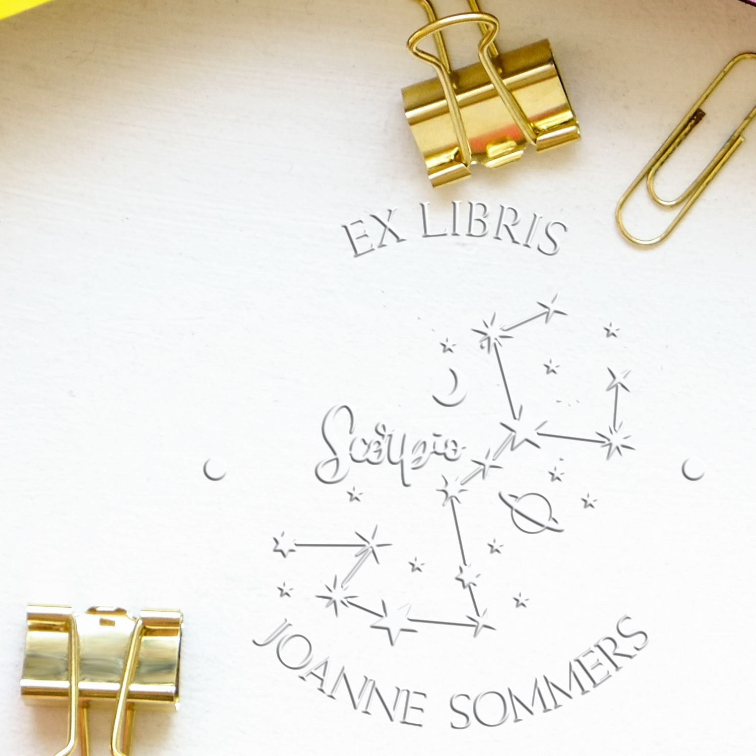 Soft Scorpio Constellation with Planet, Moon and Stars Custom Book Belongs to Embossing Stamp