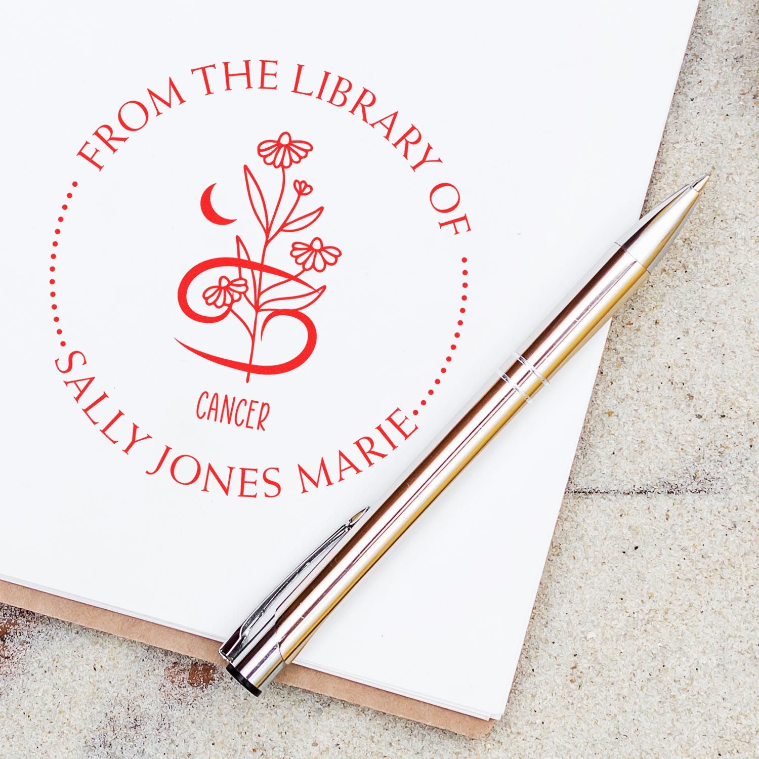 PSI Pre-Inked Cancer Zodiac Symbol with Flowers Personalized My Library Stamp - Engineer Seal Stamps