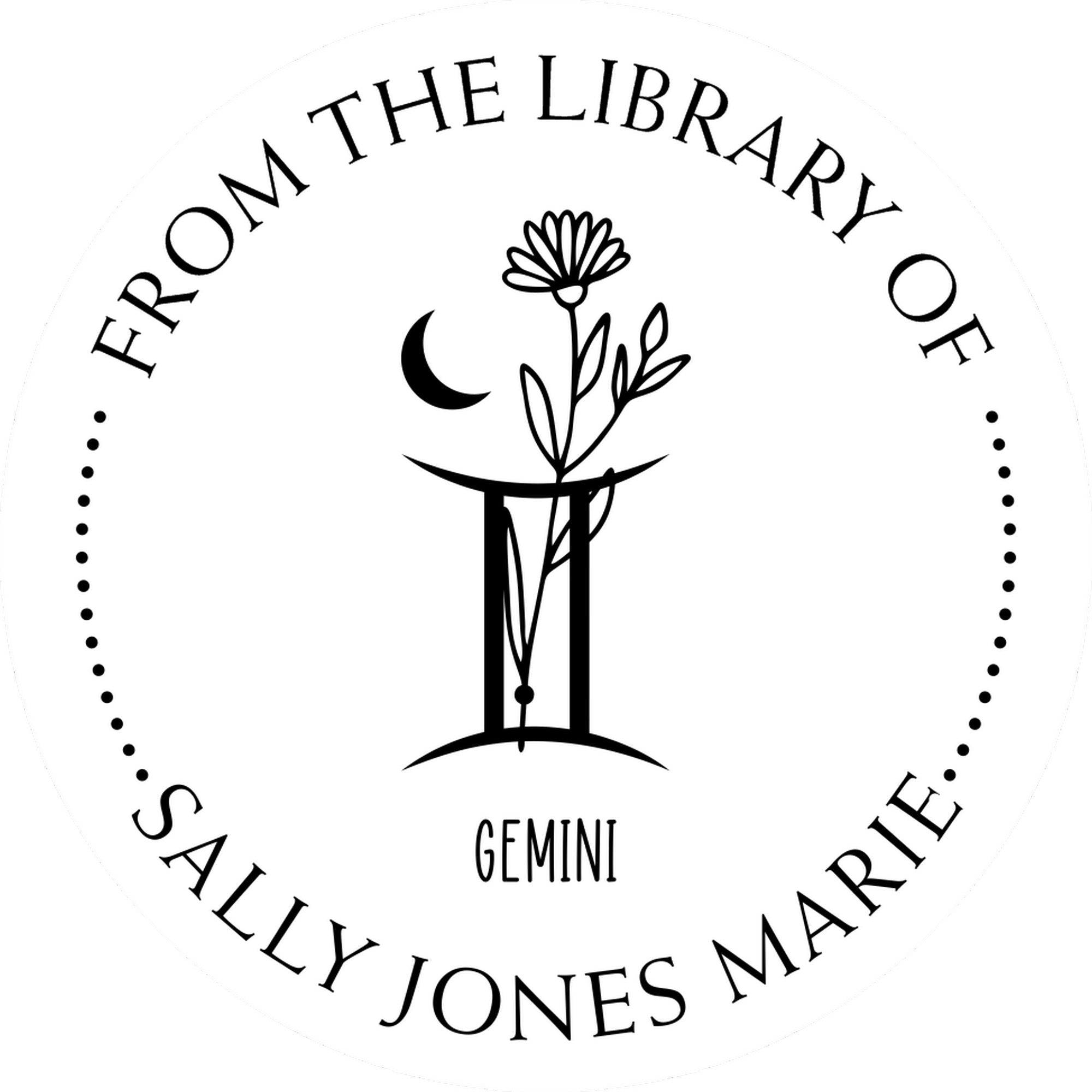 Self-Inking Gemini Zodiac Symbol with Flowers Custom Made My Library Stamp - Engineer Seal Stamps