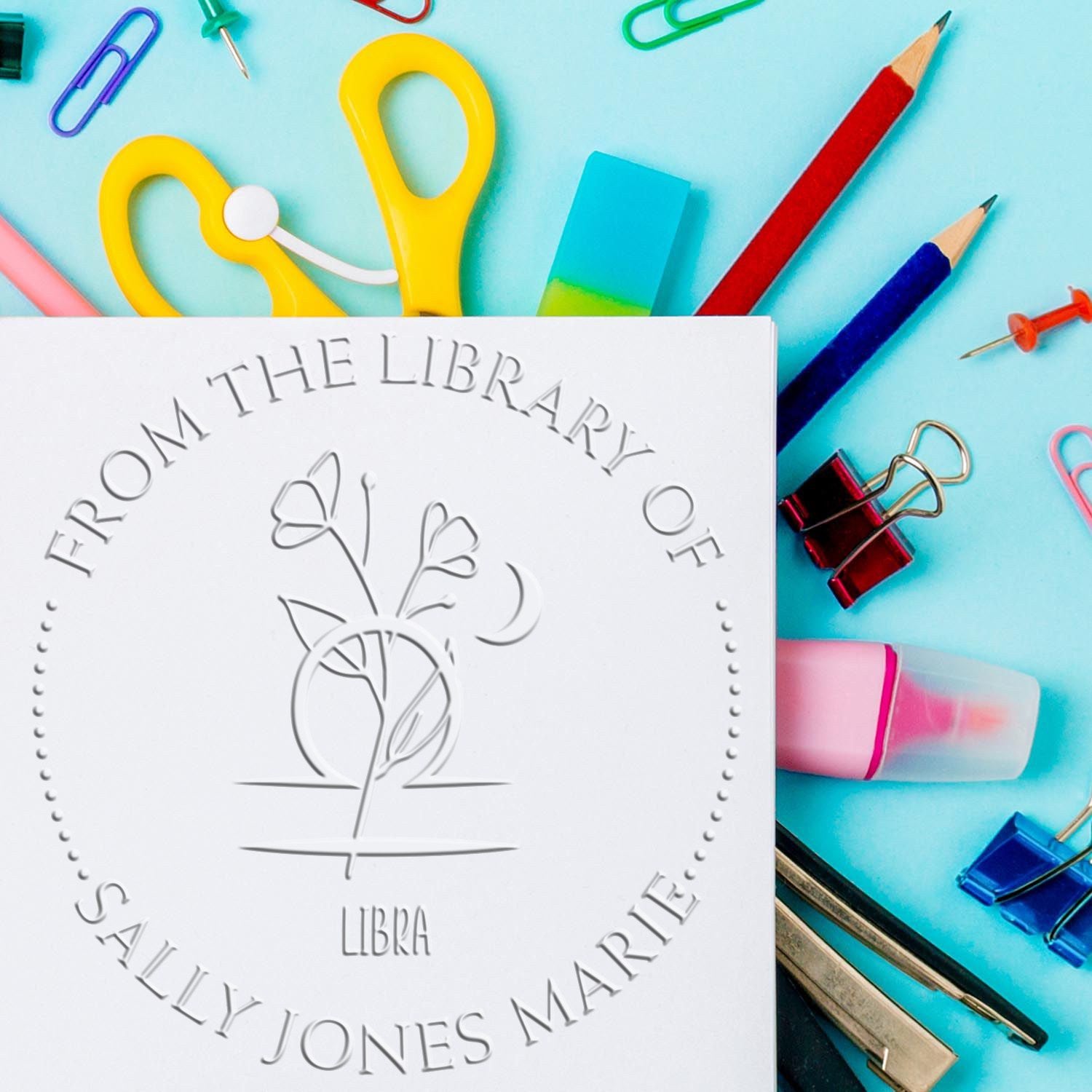 Hybrid Libra Zodiac Symbol with Flowers Custom Made Read It Love It Embossed Stamp - Engineer Seal Stamps