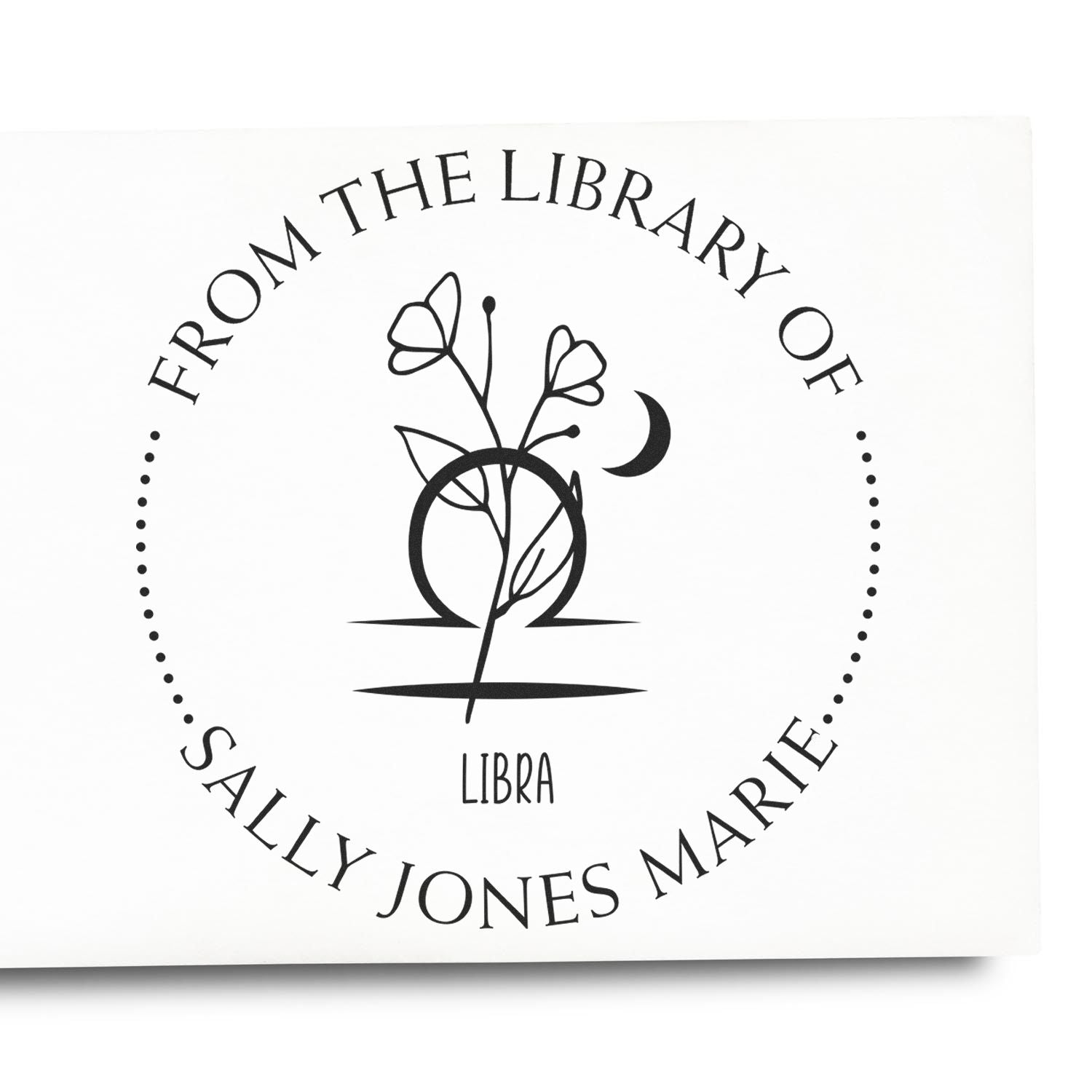 Wood Handle Libra Zodiac Symbol with Flowers Custom My Library Stamp - Engineer Seal Stamps