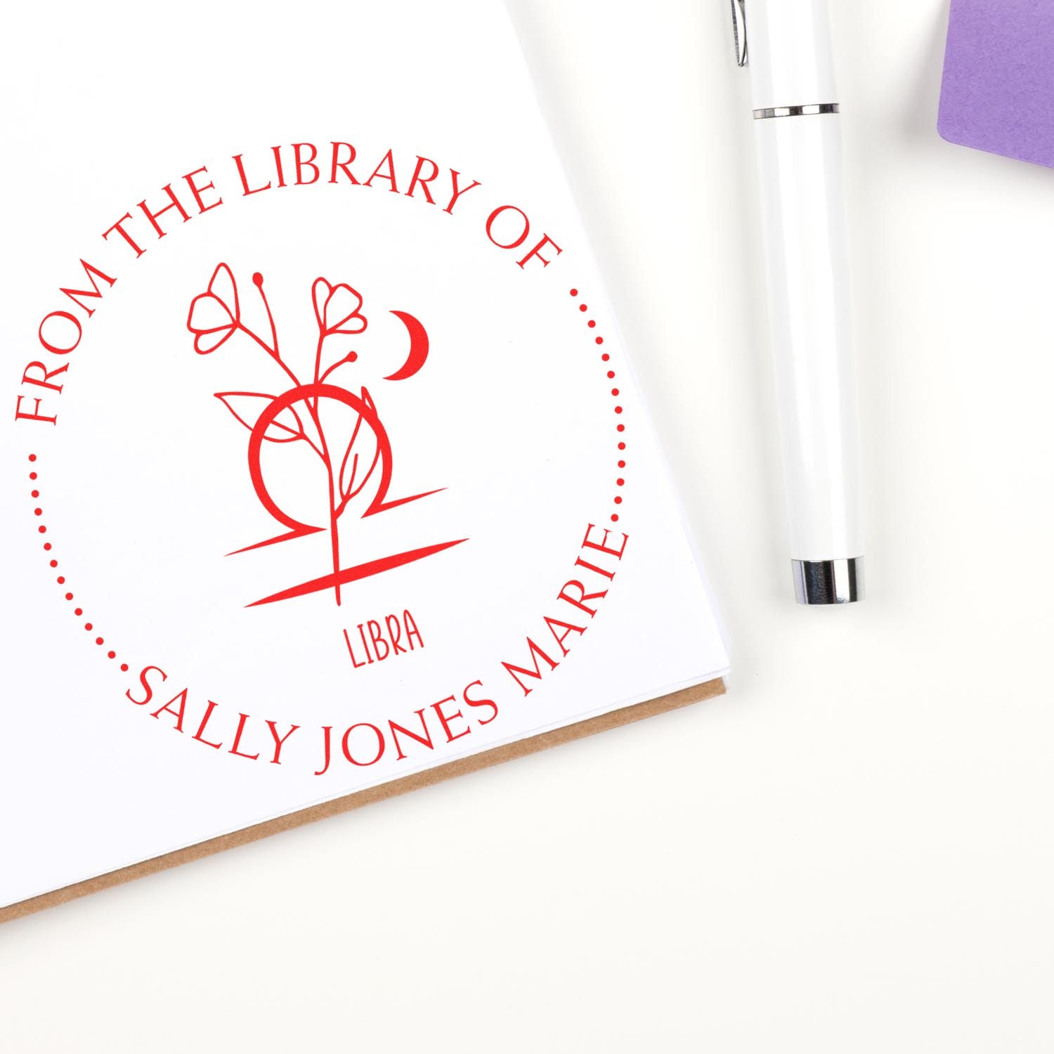 PSI Pre-Inked Libra Zodiac Symbol with Flowers Personalized Personal Library Stamp - Engineer Seal Stamps