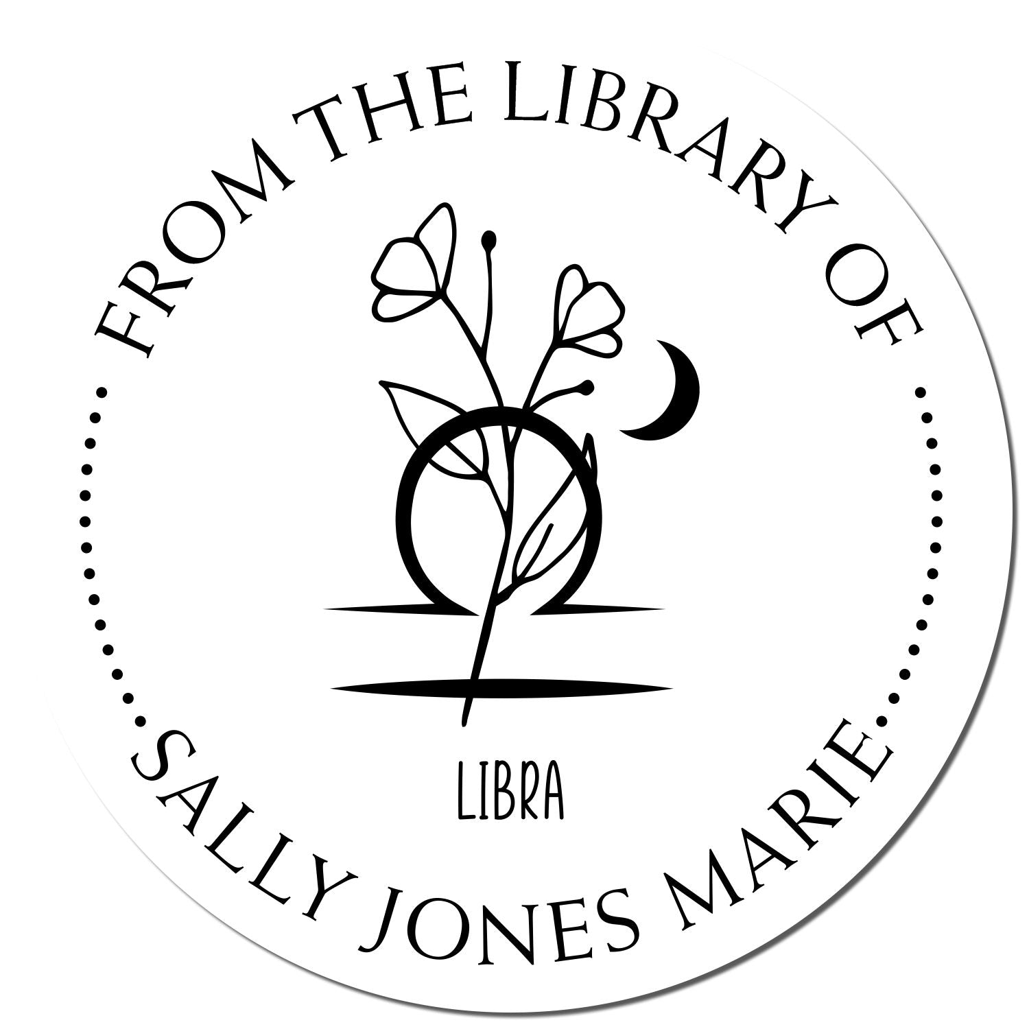 Wood Handle Libra Zodiac Symbol with Flowers Custom My Library Stamp - Engineer Seal Stamps