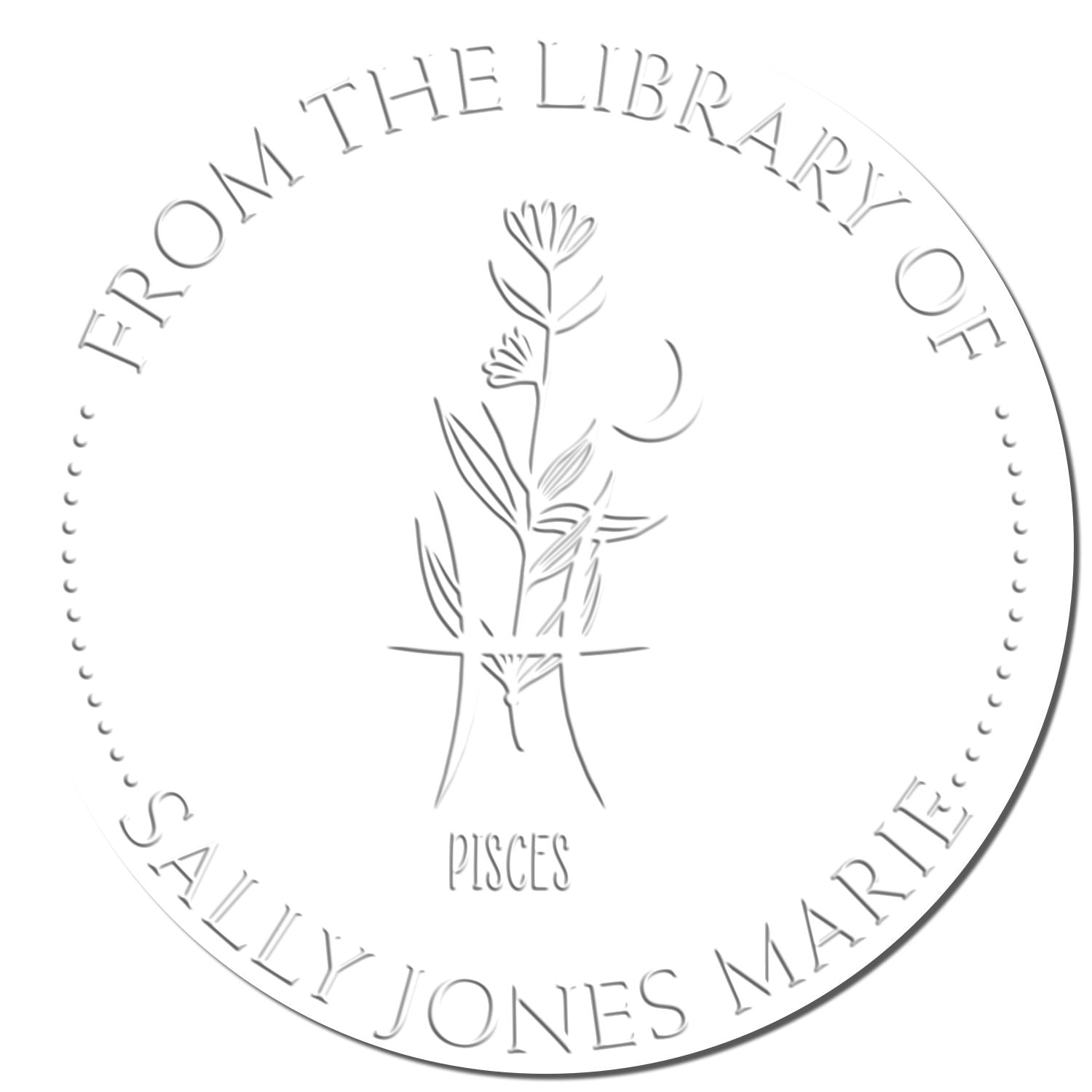 Soft Pisces Zodiac Symbol with Flowers Custom Made Name Inscription Embossed Stamp