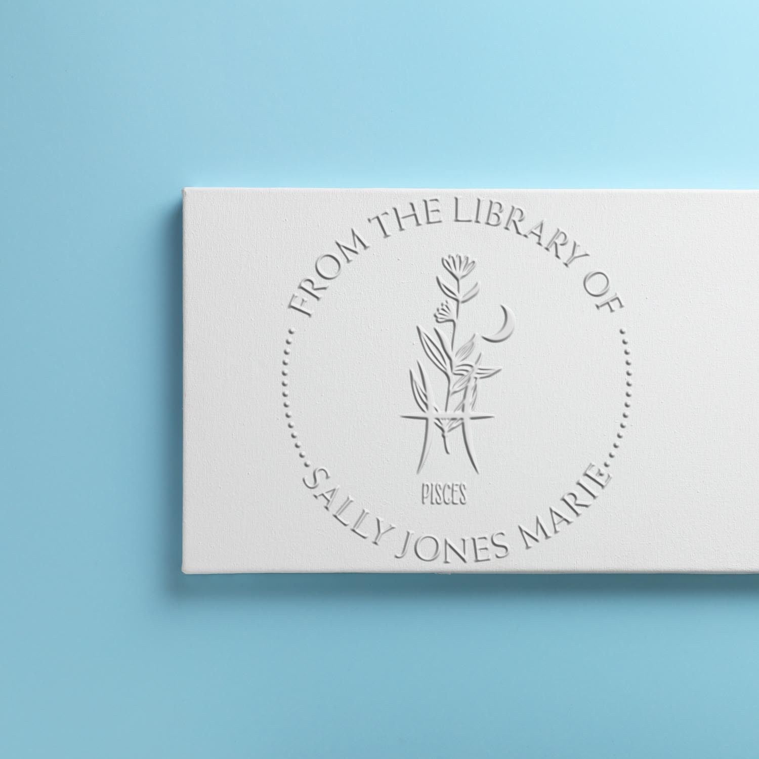 Soft Pisces Zodiac Symbol with Flowers Custom Made Name Inscription Embossed Stamp