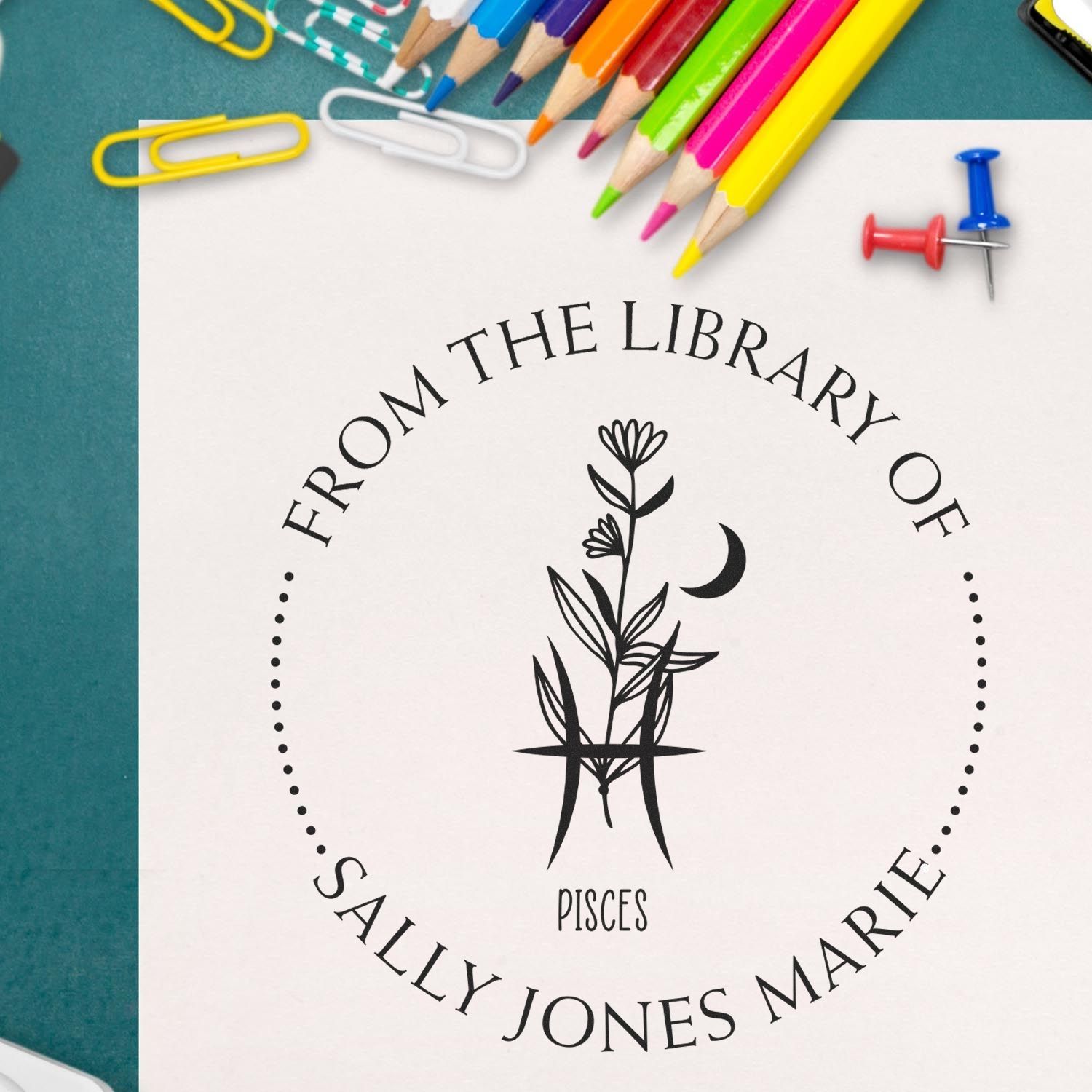 PSI Pre-Inked Pisces Zodiac Symbol with Flowers Personalized Private Library Stamp - Engineer Seal Stamps