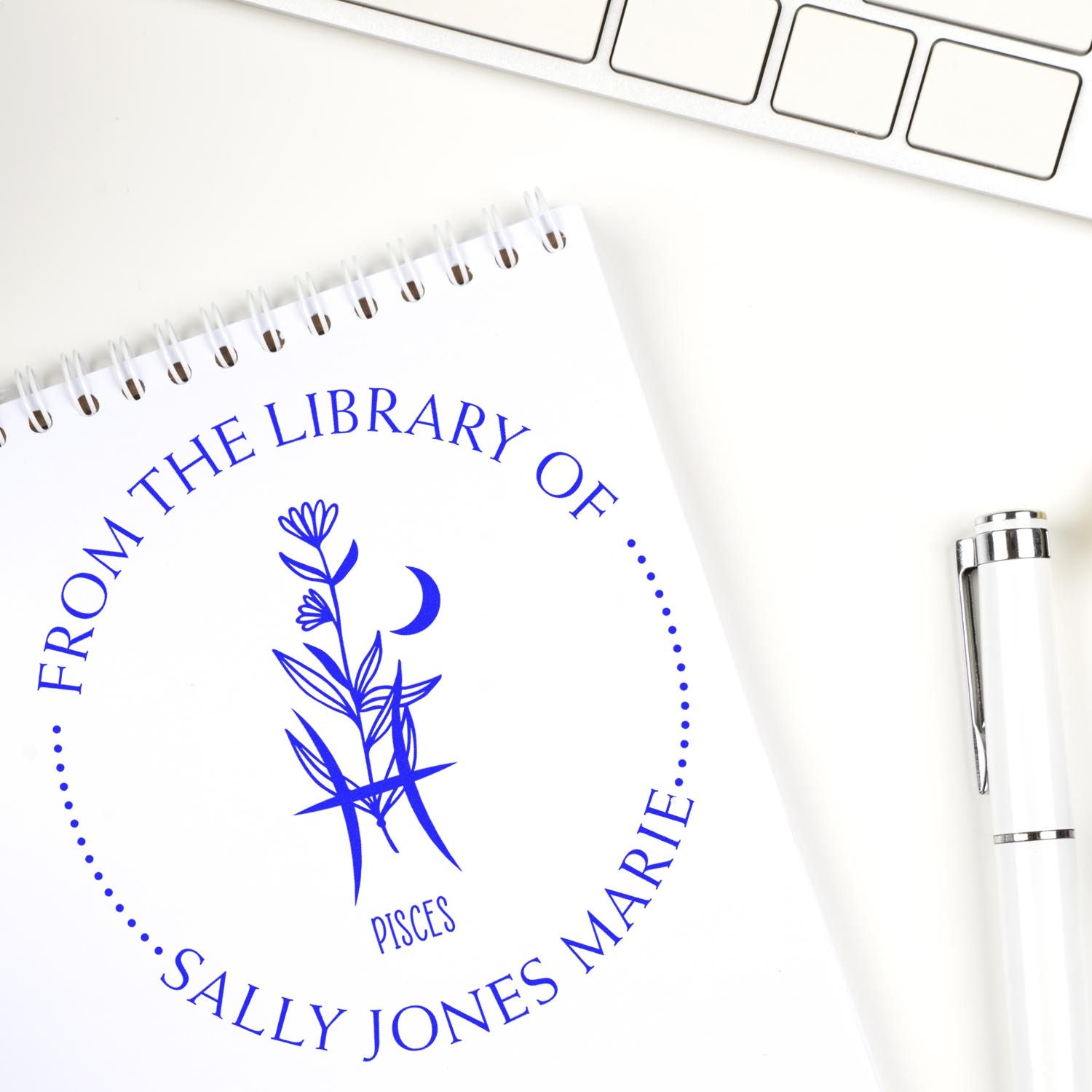 PSI Pre-Inked Pisces Zodiac Symbol with Flowers Personalized Private Library Stamp - Engineer Seal Stamps