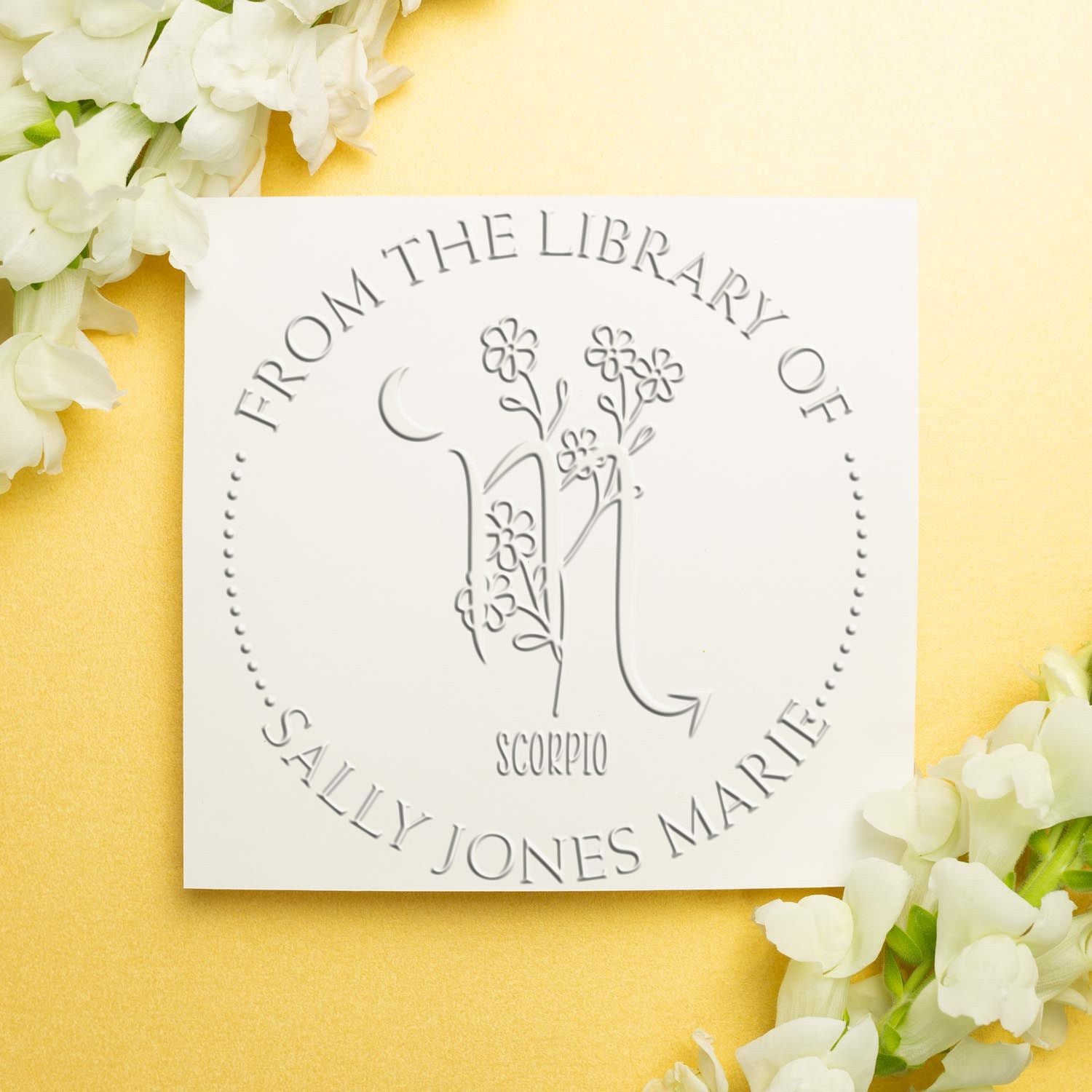 Soft Scorpio Zodiac Symbol with Flowers Custom Made Name Inscription Embossing Seal