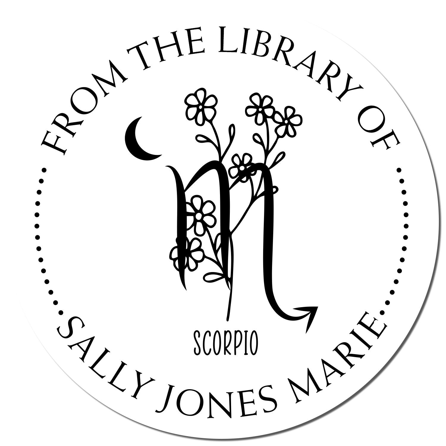 Self-Inking Scorpio Zodiac Symbol with Flowers Custom Made Private Library Stamp - Engineer Seal Stamps