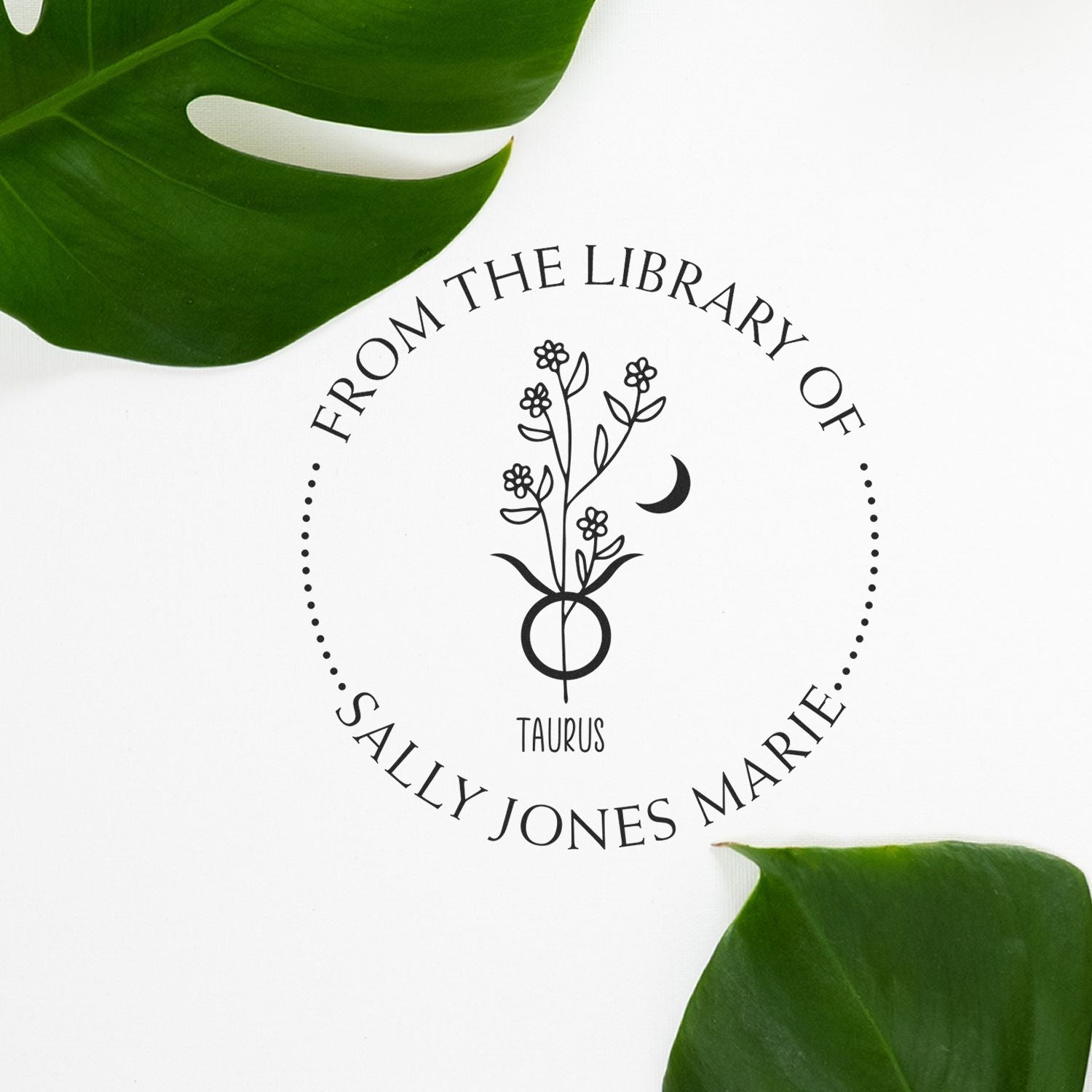 Wood Handle Taurus Zodiac Symbol with Flowers Custom Personal Library Stamp