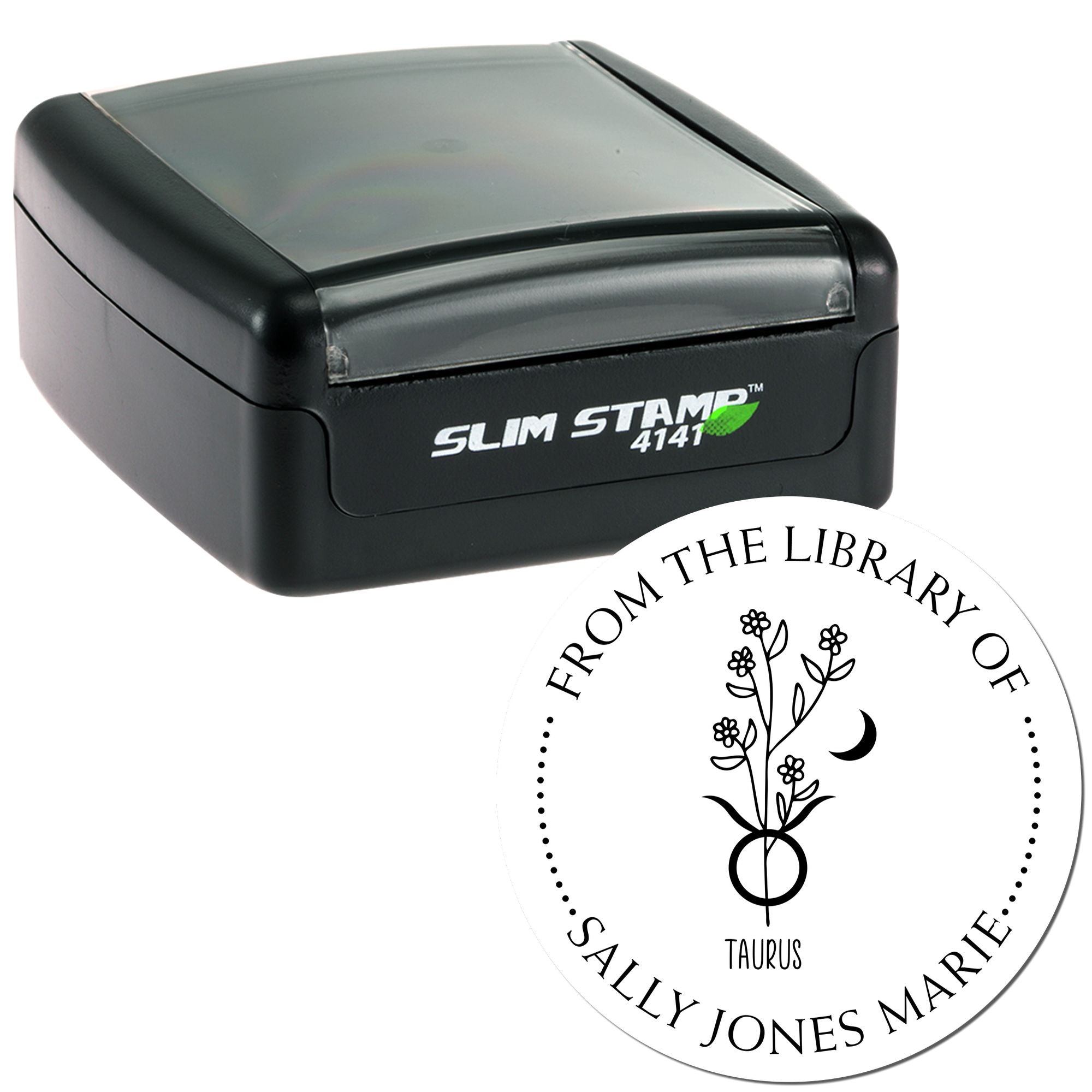 Pre-Inked Taurus Zodiac Symbol with Flowers Customized This Book Belongs To Stamp - Engineer Seal Stamps