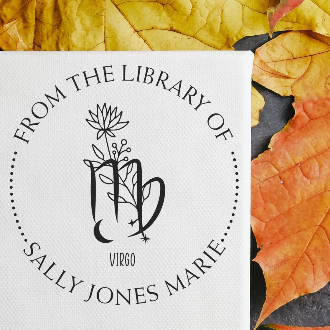 Wood Handle Virgo Zodiac Symbol with Flowers Custom Private Library Stamp
