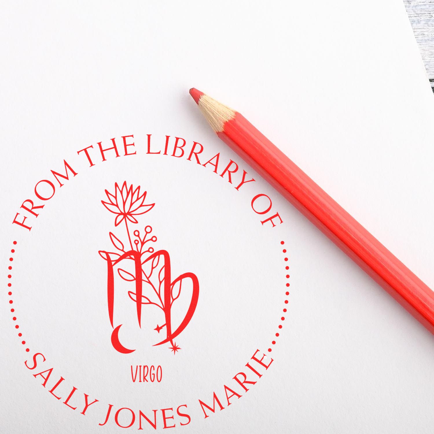 Wood Handle Virgo Zodiac Symbol with Flowers Custom Private Library Stamp