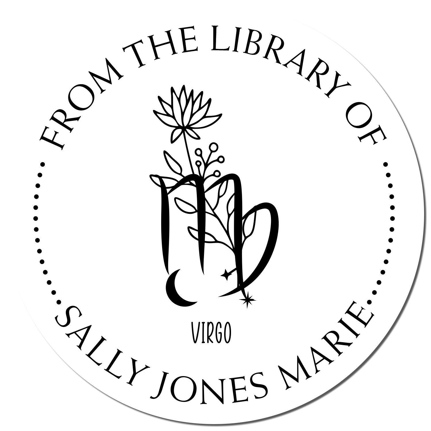 Wood Handle Virgo Zodiac Symbol with Flowers Custom Private Library Stamp