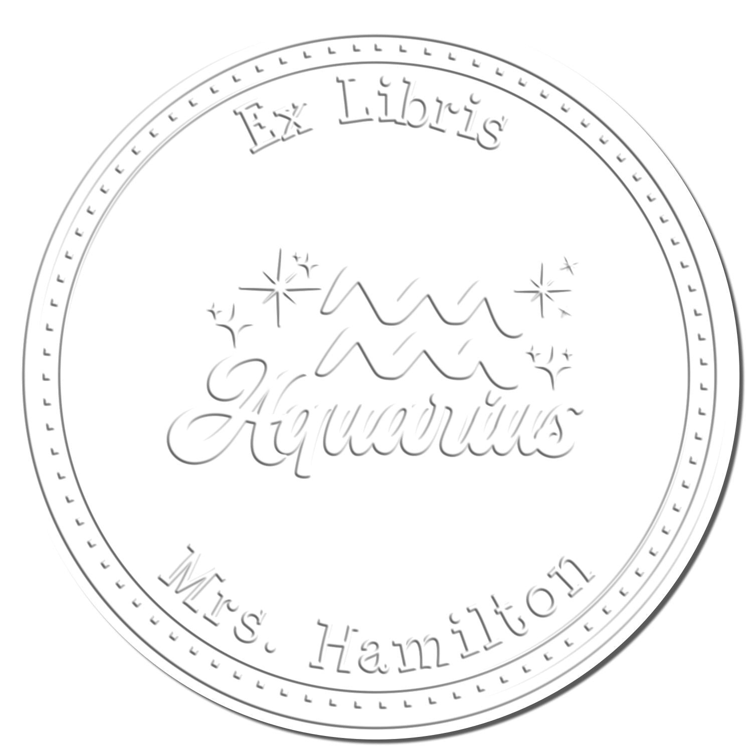 Soft Aquarius Zodiac Symbol with Scripted Font Personalized Bibliophile Paper Embosser